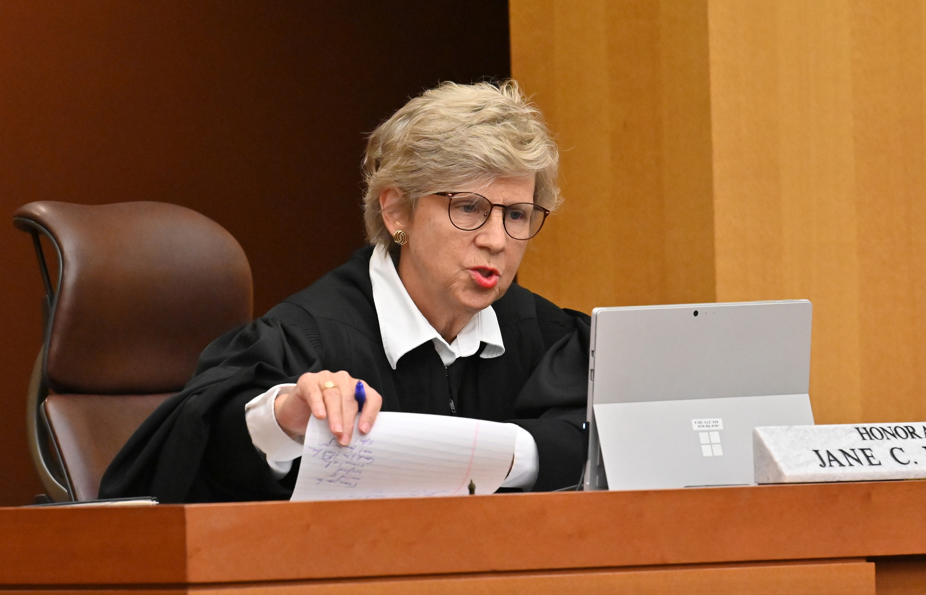 Fulton Superior Court Judge Jane Barwick speaks during the bond hearing for former Atlanta police officer Garrett Rolfe via Zoom on Tuesday, June 30, 2020. Rolfe is charged with felony murder for the June 12 killing of Rayshard Brooks. (Hyosub Shin / Hyosub.Shin@ajc.com)