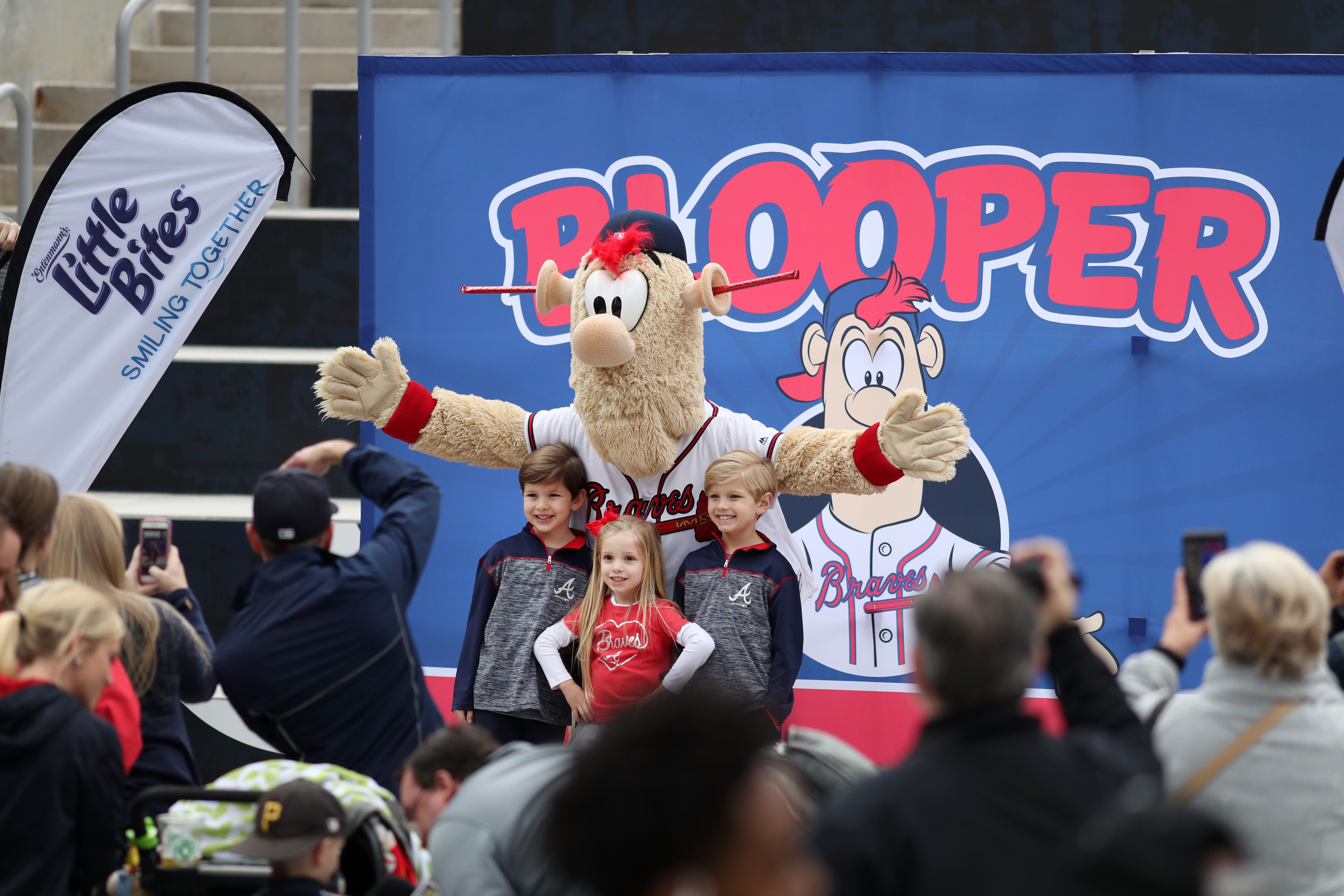 Atlanta, GA. USA; Atlanta Braves mascot, Blooper, entertains the
