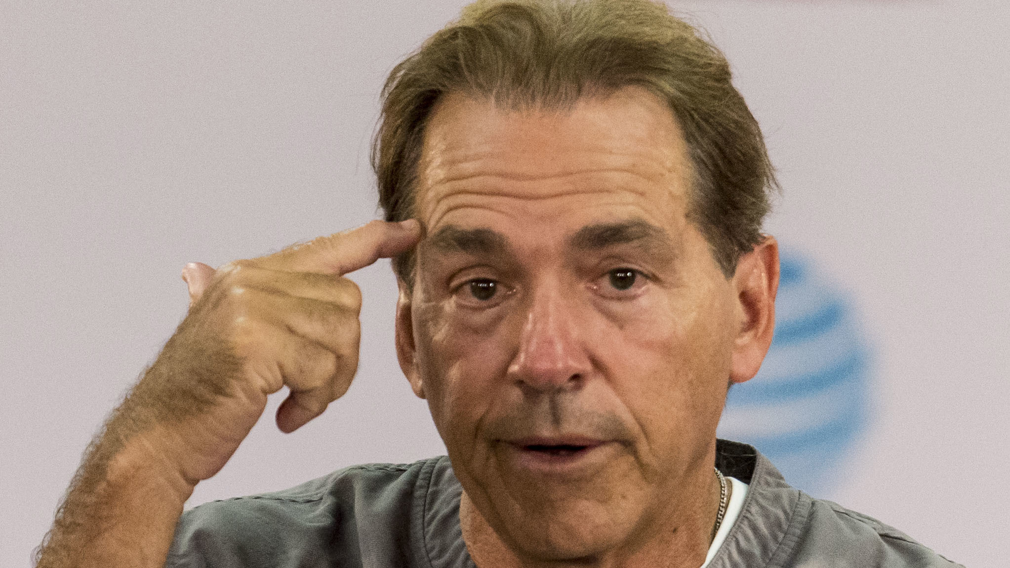 Alabama football coach Nick Saban talks with the media Wednesday, Aug. 16, 2017, in Tuscaloosa, Ala.
