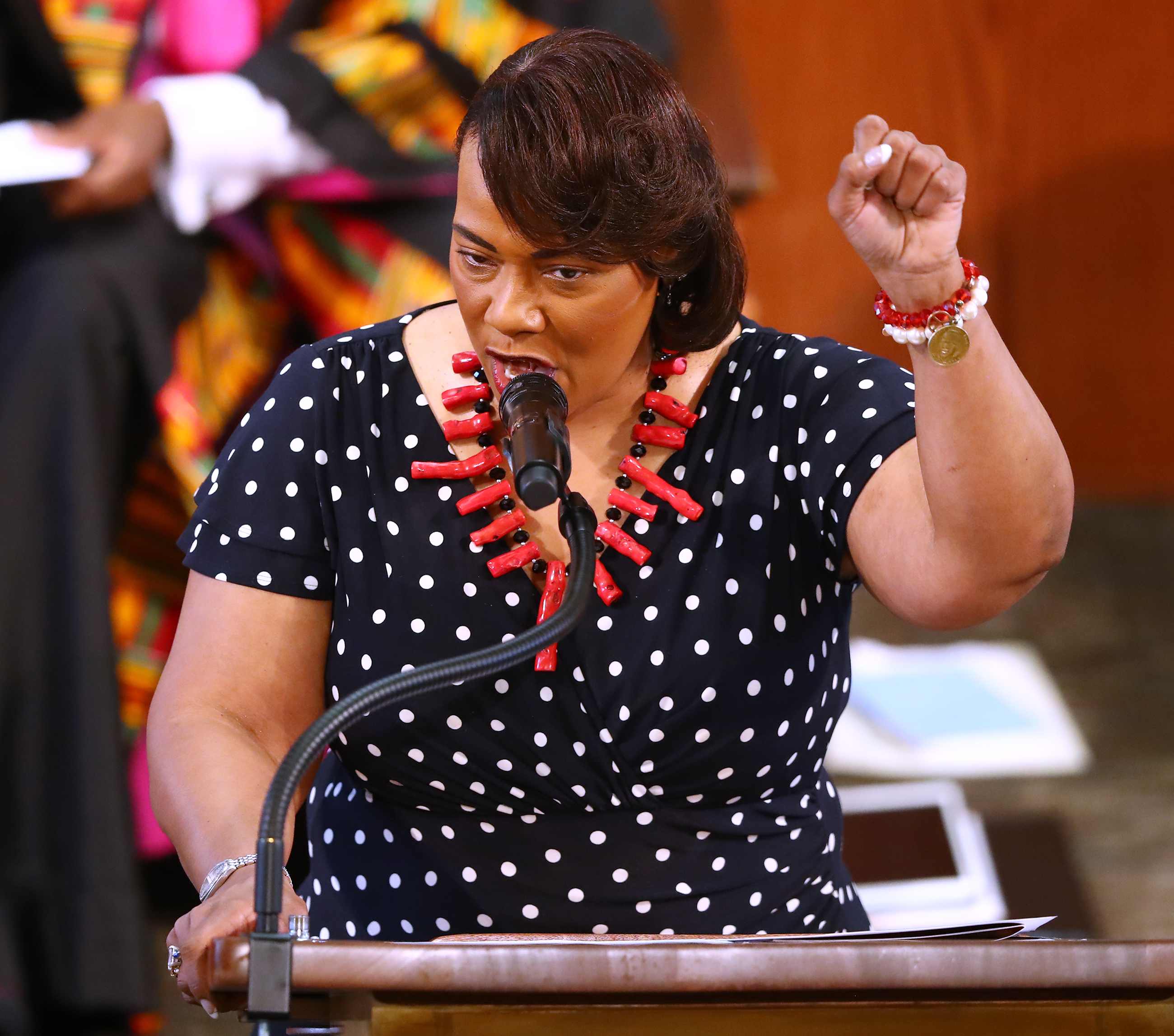 062320 Atlanta: Rev. Dr. Bernice King makes a fist saying â no justice no peaceâ while speaking at Rayshard Brooks funeral in Ebenezer Baptist Church on Tuesday, June 23, 2020 in Atlanta. Brooks, 27, died June 12 after being shot by an officer in a Wendyâs parking lot. Brooksâ death sparked protests in Atlanta and around the country. The Rev. Raphael G. Warnock, senior pastor of Ebenezer, said âRayshard Brooks wasnât just running from the police. He was running from a system that makes slaves out of people. A system that doesnât give ordinary people whoâve made mistakes a second chance, a real shot at redemption.â Curtis Compton ccompton@ajc.com