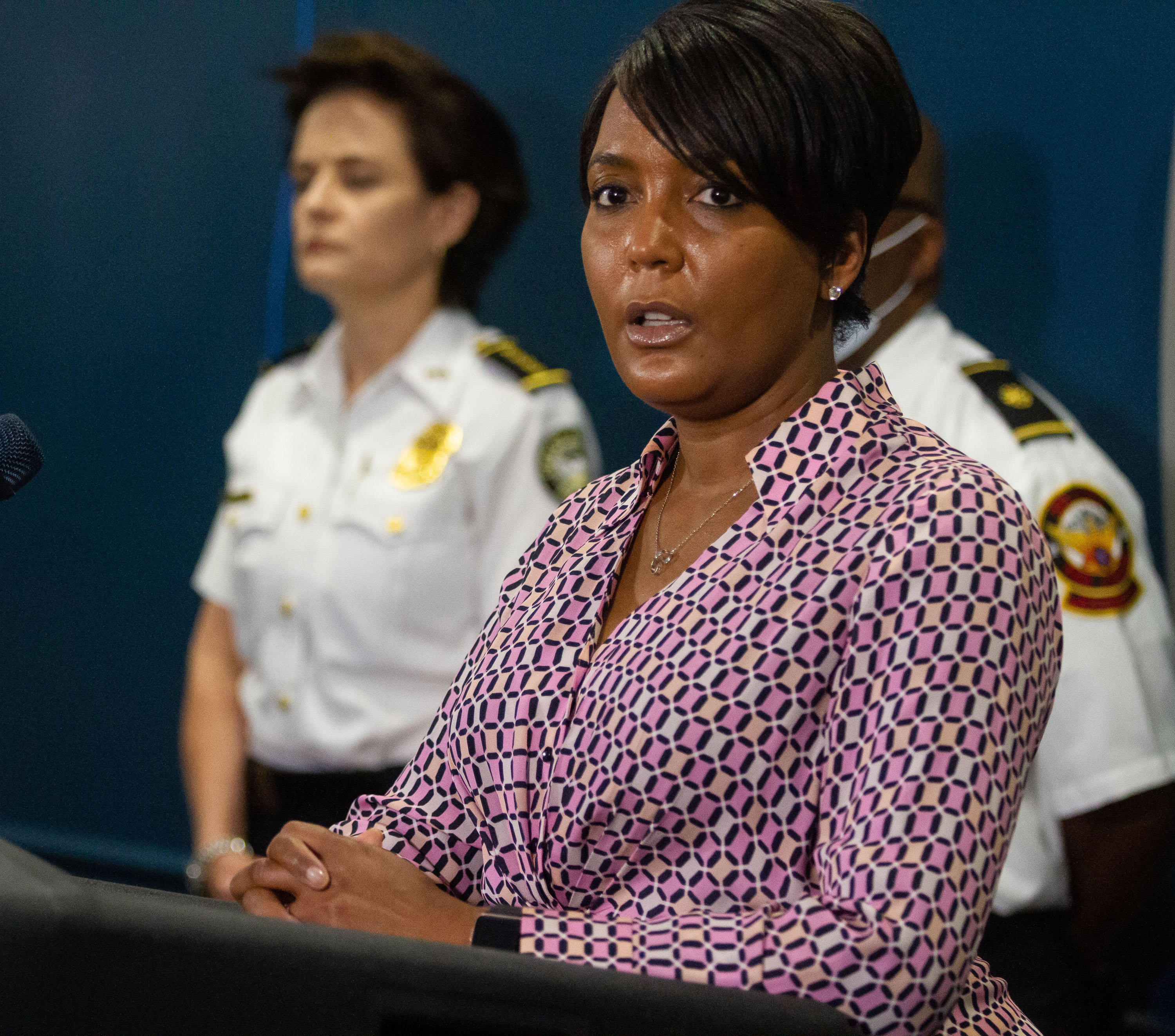Atlanta Mayor Keisha Lance Bottoms and Atlanta Police Chief Erika Shields (left) announced the firing of two police officers at a press conferenc at the Atlanta Police Headquarters on Sunday, May 31, 2020. (Photo: STEVE SCHAEFER FOR THE ATLANTA JOURNAL-CONSTITUTION)