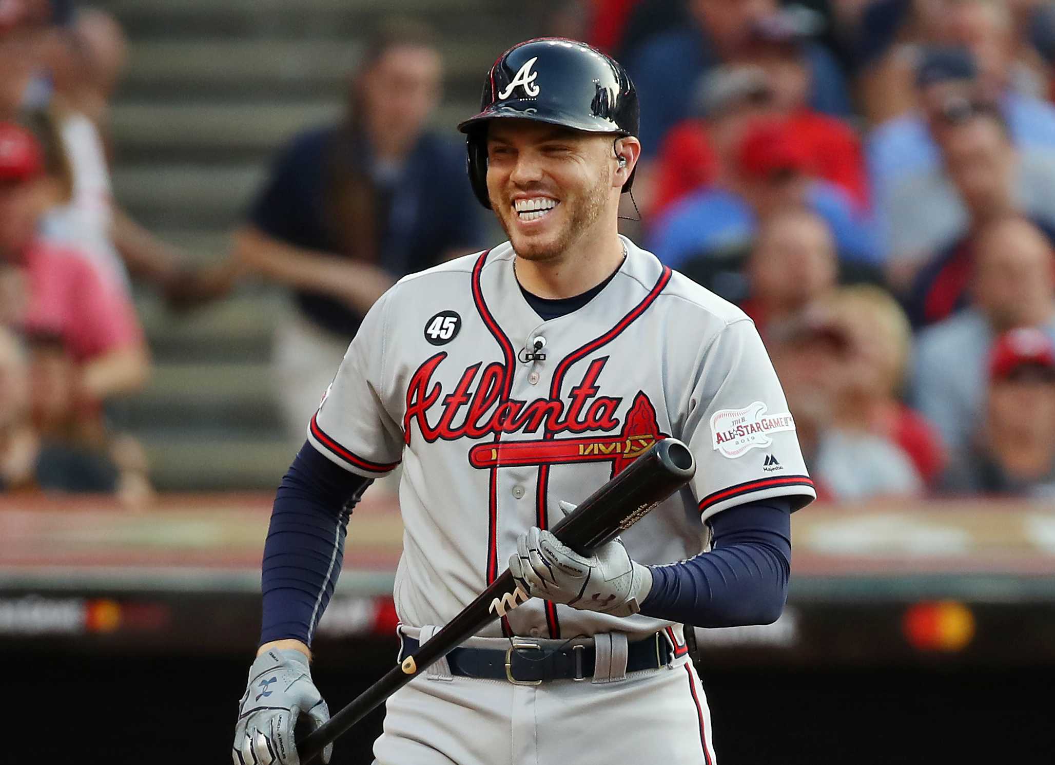 Freddie Freeman of the Braves smiles during an at-bat. (Photo by Gregory Shamus/Getty Images)
