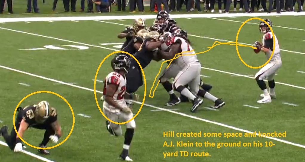 Falcons running back Brian Hill knocked Saints linebacker A.J. Klein to the ground on his route. (Gamepass.nfl.com screen shot from Fox Broadcast)