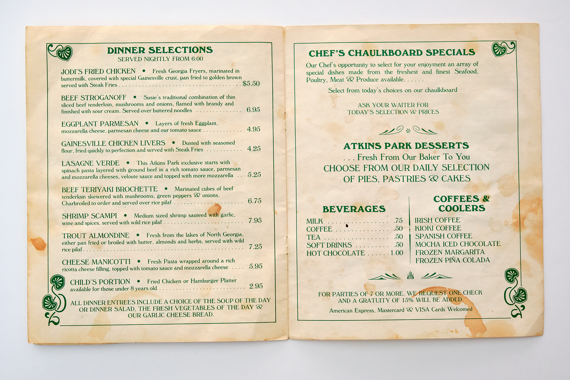 The food served at Atkins Park has evolved over the years. This menu dates from 1981. Courtesy of Atkins Park