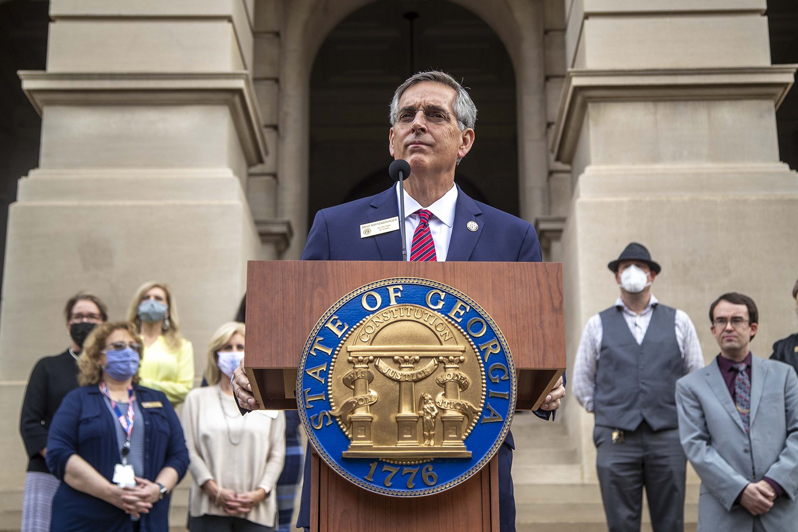 Georgia Secretary of State Brad Raffensperger, who has faced attacks from former President Donald Trump for not overturning the results of the state's presidential election in 2020, is holding his own in a new Atlanta Journal-Constitution poll of likely voters in the May 24 Republican primary. Raffensperger's opponents include U.S. Rep. Jody Hice, who has been endorsed by Trump. (Alyssa Pointer/Atlanta Journal-Constitution/TNS)