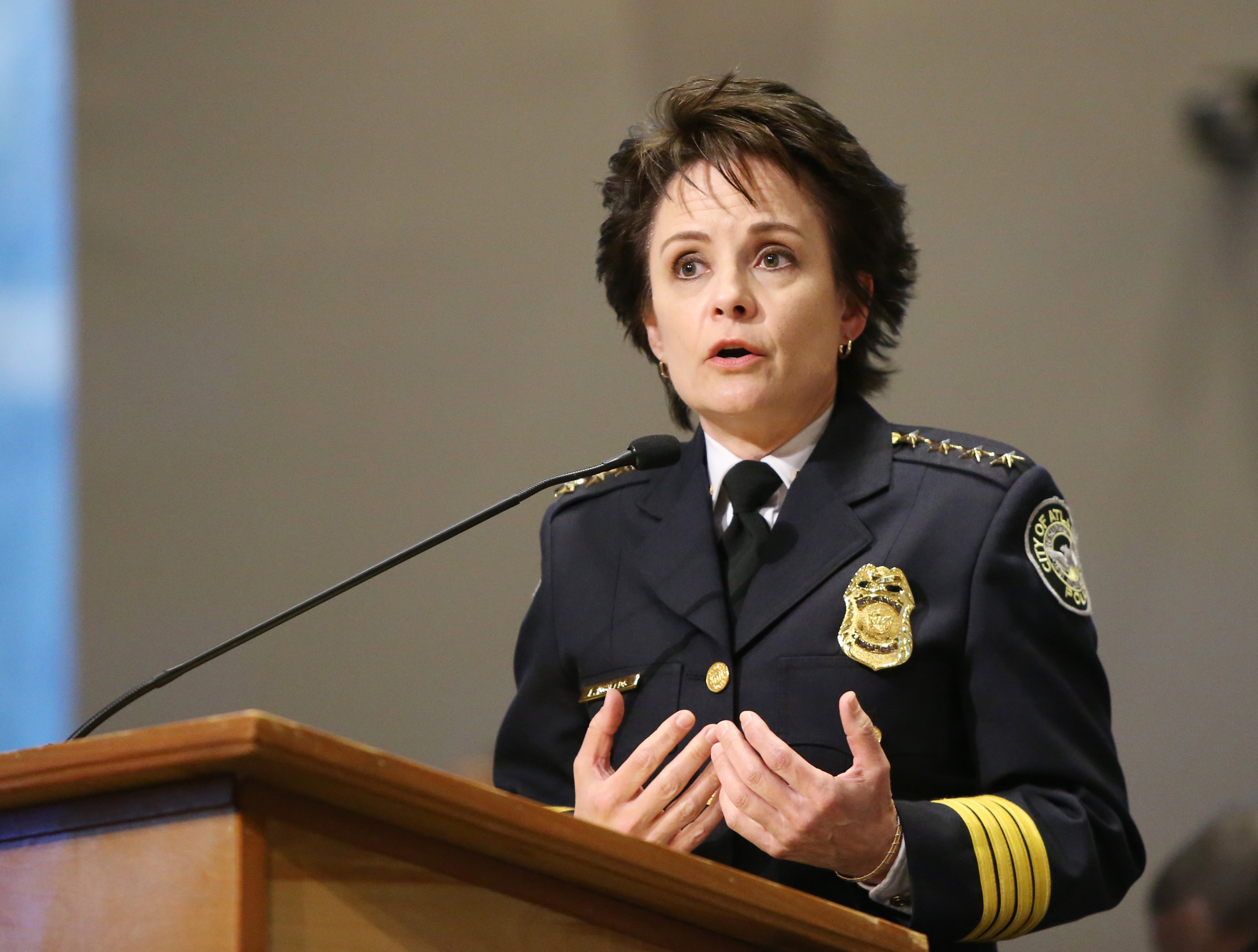 3/19/19 - Atlanta - Chief Erika Shields speaks at a town hall hosted by Atlanta Mayor Keisha Lance Bottoms at Cascade United Methodist Church in Atlanta, Georgia on Tuesday, March 19, 2019. EMILY HANEY / emily.haney@ajc.com