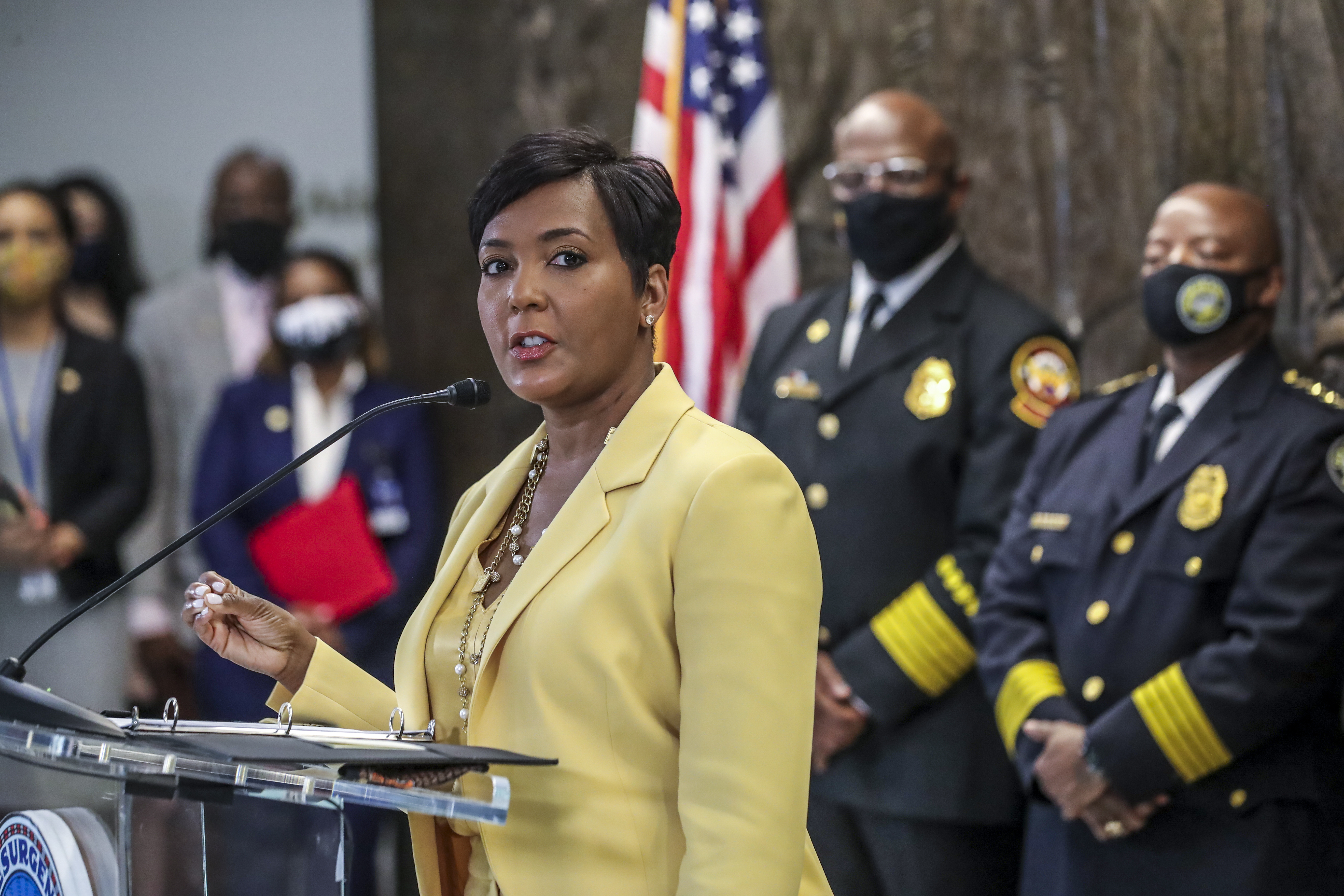 May 7, 2021 Atlanta: Atlanta Mayor Keisha Lance-Bottoms held a press conference Friday, May 7, 2021 at Atlanta City Hall speaking about her decision not to run for a second term. In her first public appearance since announcing her decision to supporters Thursday night, Bottoms said her decision was guided by faith. “In the same way that it was very clear to me almost five years ago that I should run for mayor of Atlanta, it is abundantly clear to me today that it is time to pass the baton on to someone else,” Bottoms said at an emotional news conference at City Hall. She added that “the last three years have not been at all what I would have scripted for our city,” referencing a crippling cyber attack, a widening federal corruption investigation into the previous administration, the COVID-19 pandemic and civil unrest last year. Bottoms said she doesn’t know what’s next for her; she denied rumors that she or her husband Derek have taken jobs for Walgreens out of state. “I can’t get Derek to move two miles off Cascade Road,” she said. Bottoms, who was seen as a strong incumbent candidate despite a spike in violent crime, told friends and supporters Thursday evening she won’t seek a second term. She released a video and statement online a few hours later elaborating on her decision and reflecting on her time in office. “This is not something I woke up and decided yesterday,” Bottoms said Friday. “This is something I’ve been thinking about for a very long time.” (John Spink / John.Spink@ajc.com)