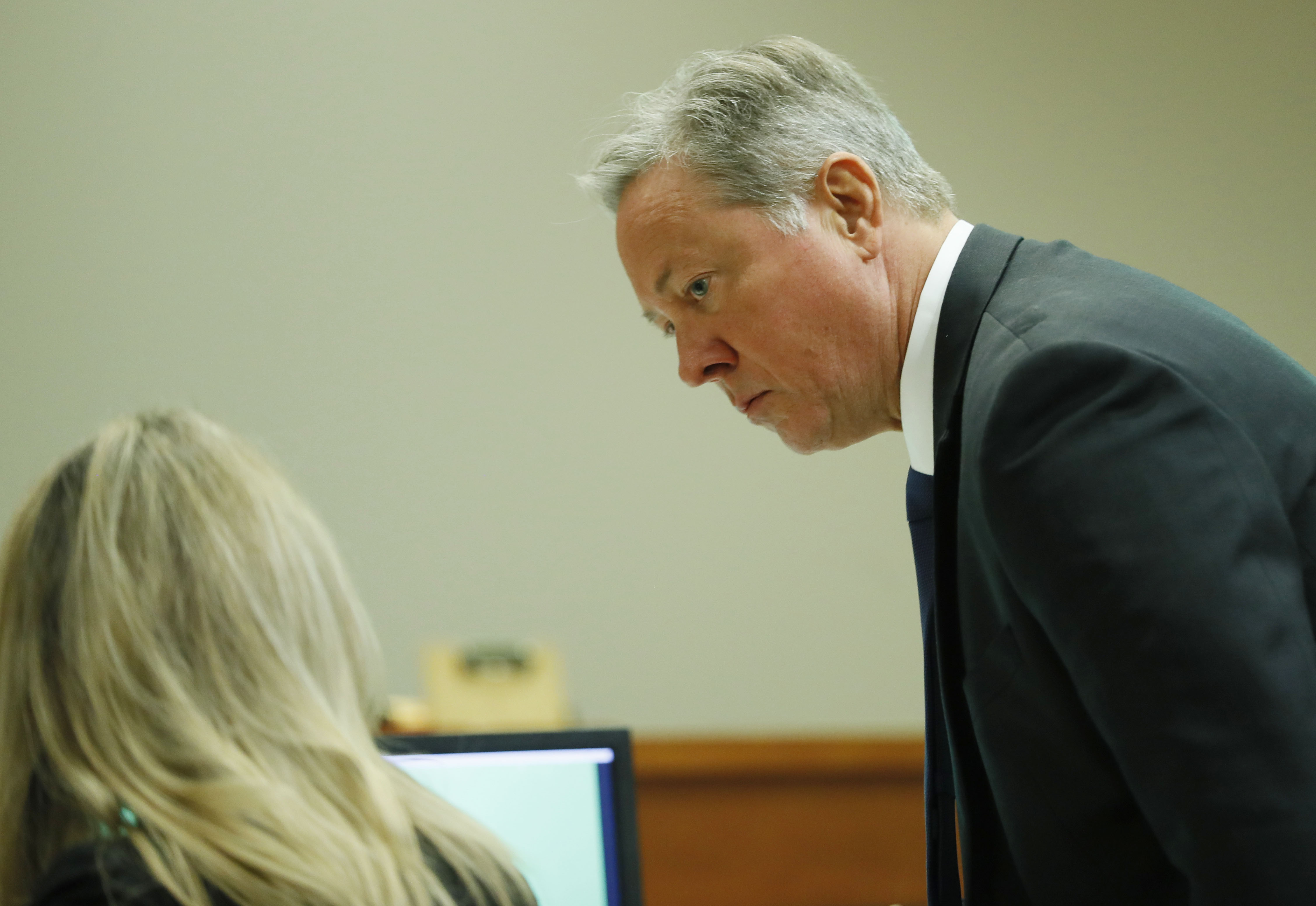 September 27, 2019 - Decatur - Robert Olsen confers with Defense attorney Amanda Clark Palmer between witnesses this morning. The murder trial of former DeKalb County Police Officer Robert "Chip" Olsen continued with testimony from prosecution witnesses this morning. Olsen is charged with murdering war veteran Anthony Hill. Bob Andres / robert.andres@ajc.com
