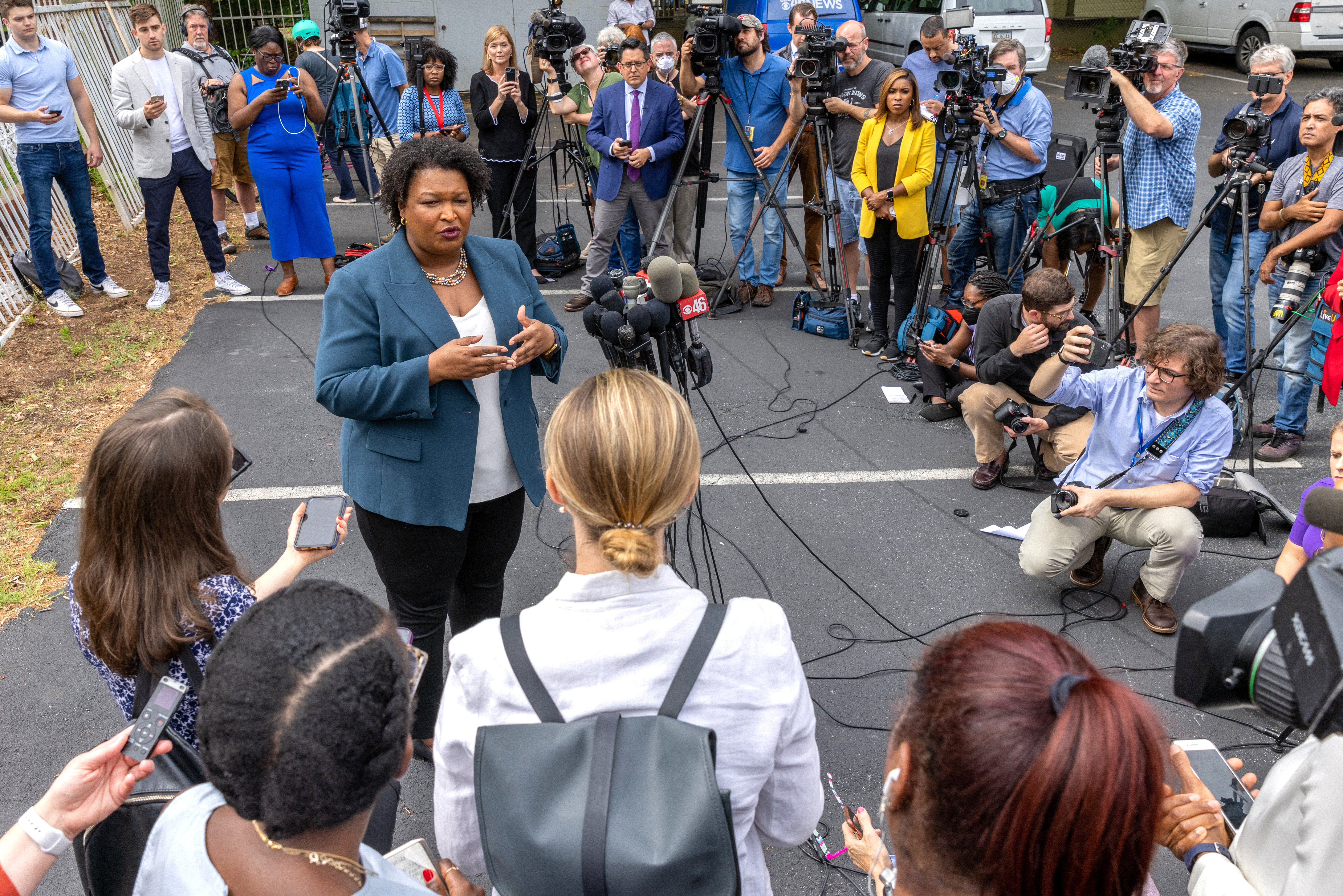 Stacey Abrams talks at a press conference Tuesday at Israel Baptist Church in Atlanta. (Steve Schaefer / steve.schaefer@ajc.com)