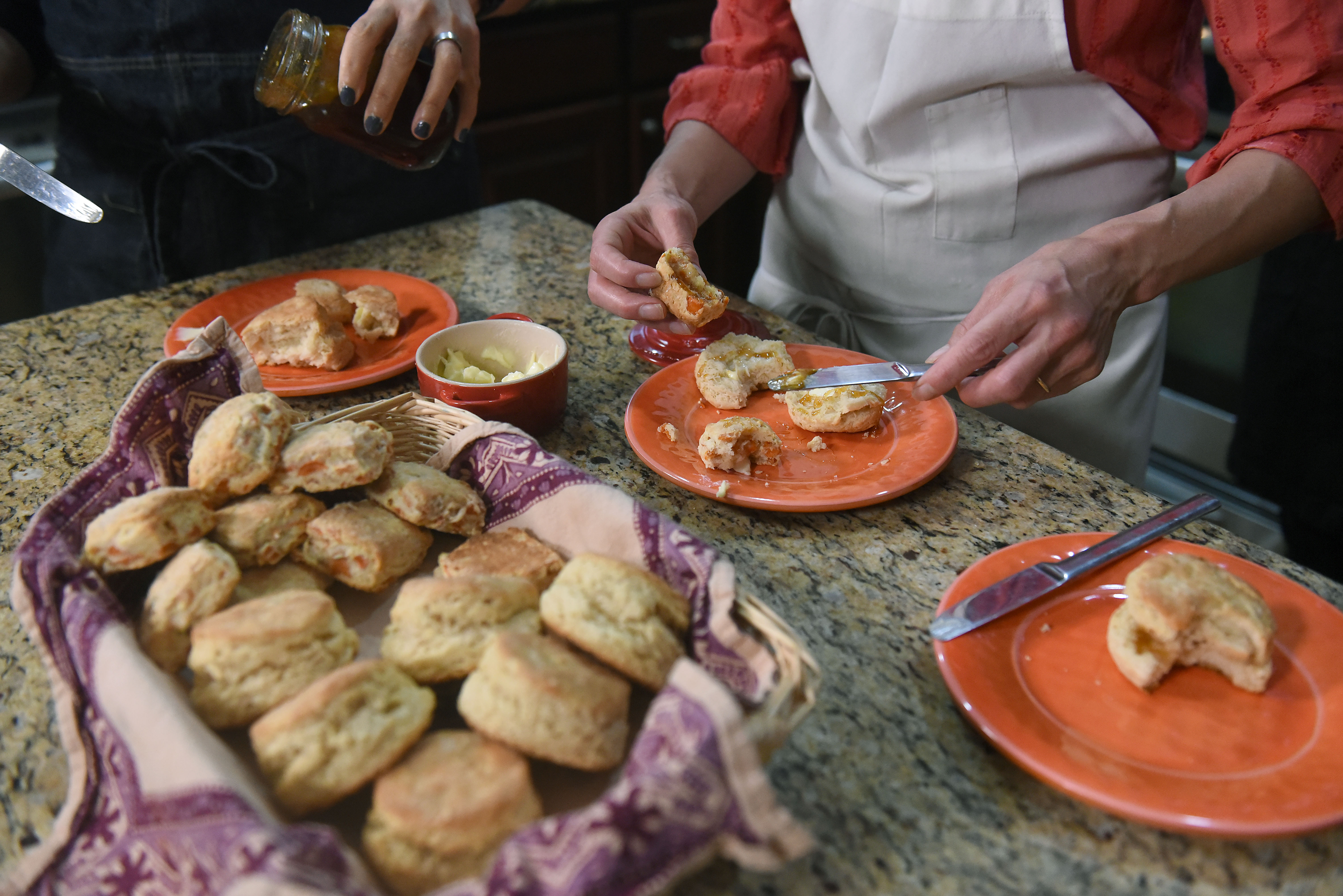 February 22, 2019 Atlanta - The finished product. The AJCâs Ligaya Figueras hosts food expert Chadwick Boyd and Top Chef Carla Hall at her home, where the two share tips with Ligaya on how to make the best biscuits. RYON HORNE / RHORNE@AJC.COM