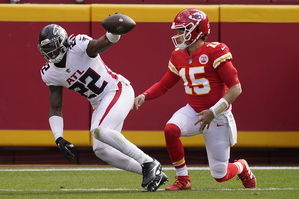 Atlanta Falcons safety Keanu Neal reacts after intercepting a pass intended for Kansas City Chiefs quarterback Patrick Mahomes during the first half Sunday, Dec. 27, 2020, in Kansas City, Mo. (Charlie Riedel/AP)