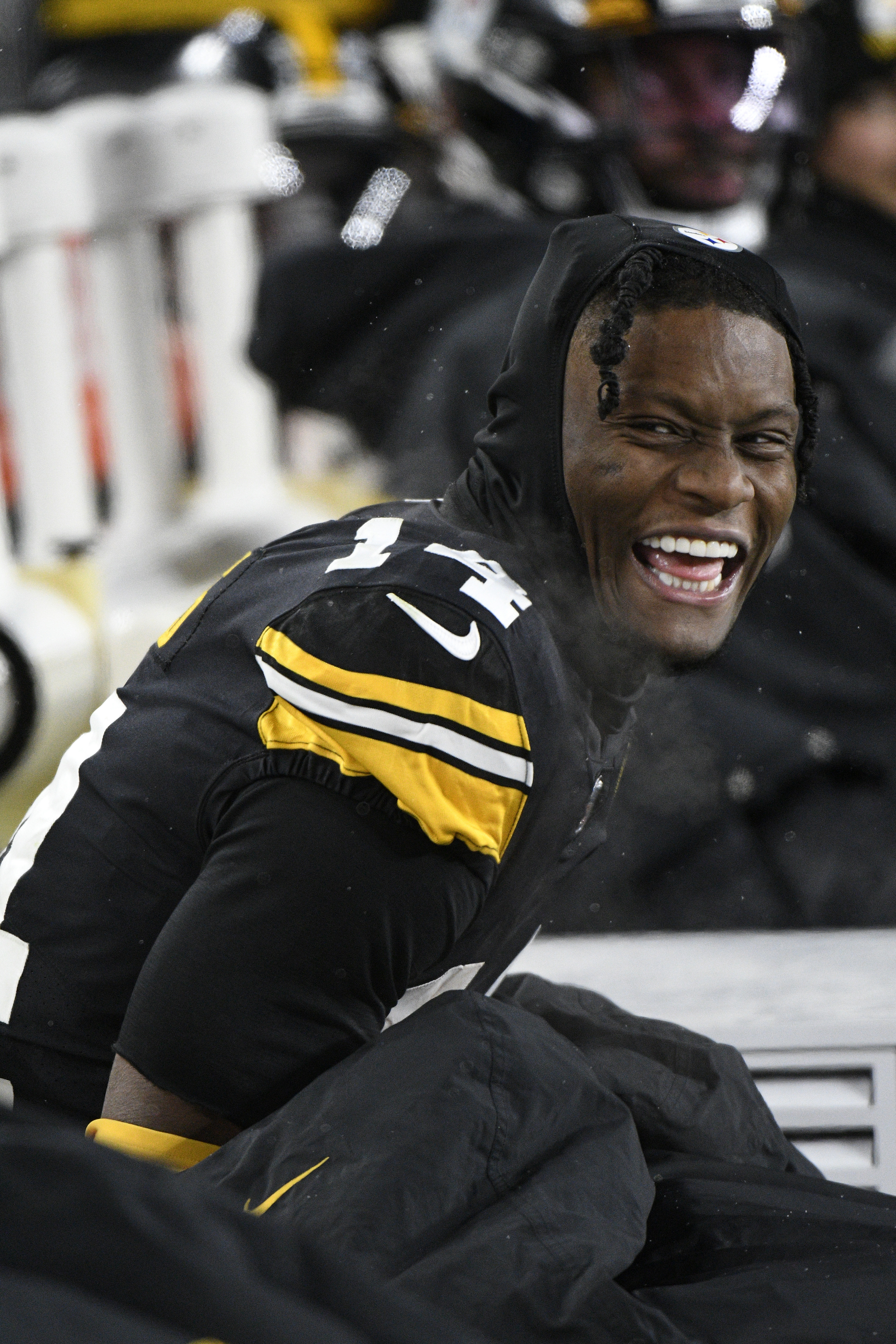 Kenny Pickett and George Pickens Pittsburgh Steelers Unsigned Celebrate A Touchdown Photograph