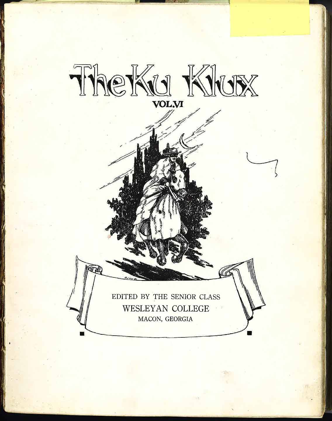 A sketch of a masked night rider on horseback galloping under crescent moon graces the title page of the 1910 Wesleyan College yearbook.