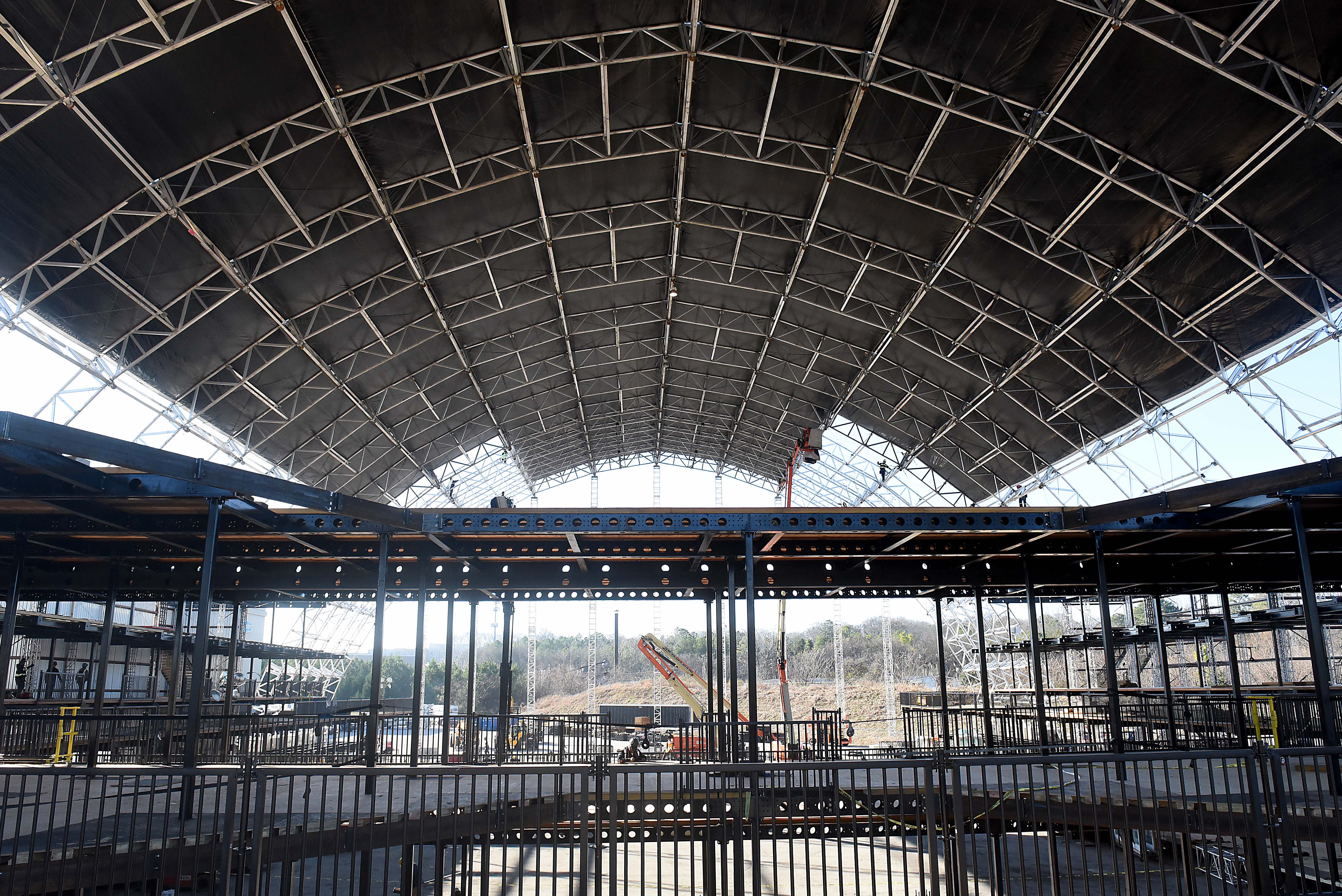 Inside the temporary venue built for the DirecTV Super Saturday Night concert on Feb. 2, 2019 with Foo Fighters and Run the Jewels. RYON HORNE / RHORNE@AJC.COM