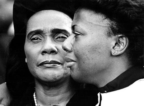 Bernice King, left with her mother Coretta Scott King at the 1984 funeral of her grandfather Martin Luther “Daddy” King in front of the funeral site at Ebenezer Baptist Church. (W.A. Bridges Jr/AJC staff) 1984