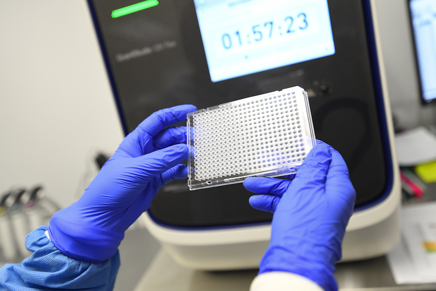 A lab worker holds a plate that will hold samples of possible COVID-19 and will be put in the machine behind it to be analyzed at Ipsum Diagnostics labratory on Monday, March 23, 2020. (John Amis)