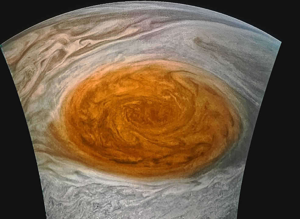 Enhanced-color image of Jupiter's Great Red Spot. The hourglass shape of the image reflects the way the camera operates as the Juno spacecraft spins in flight.