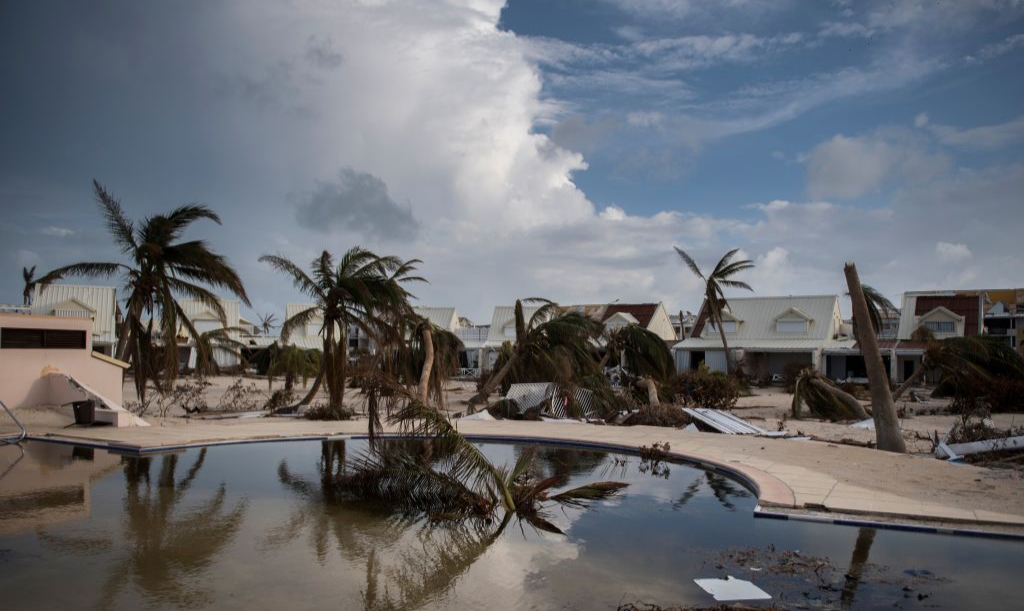 Bowed palm trees lean before a sand-filled swimming pool in the Baie Nettle area of Marigot, on September 10, 2017 on Saint-Martin island, devastated by Hurricane Irma.
People on the islands of Saint Martin and Saint Barts turn to the colossal task of rebuilding after Hurricane Irma laid waste to their infrastructure and shattered their lives.