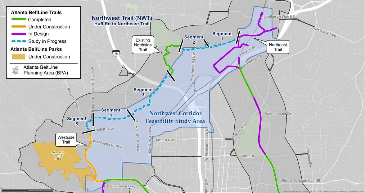 This map shows the northwest portion of the Beltline (dotted blue line) that will be studied.