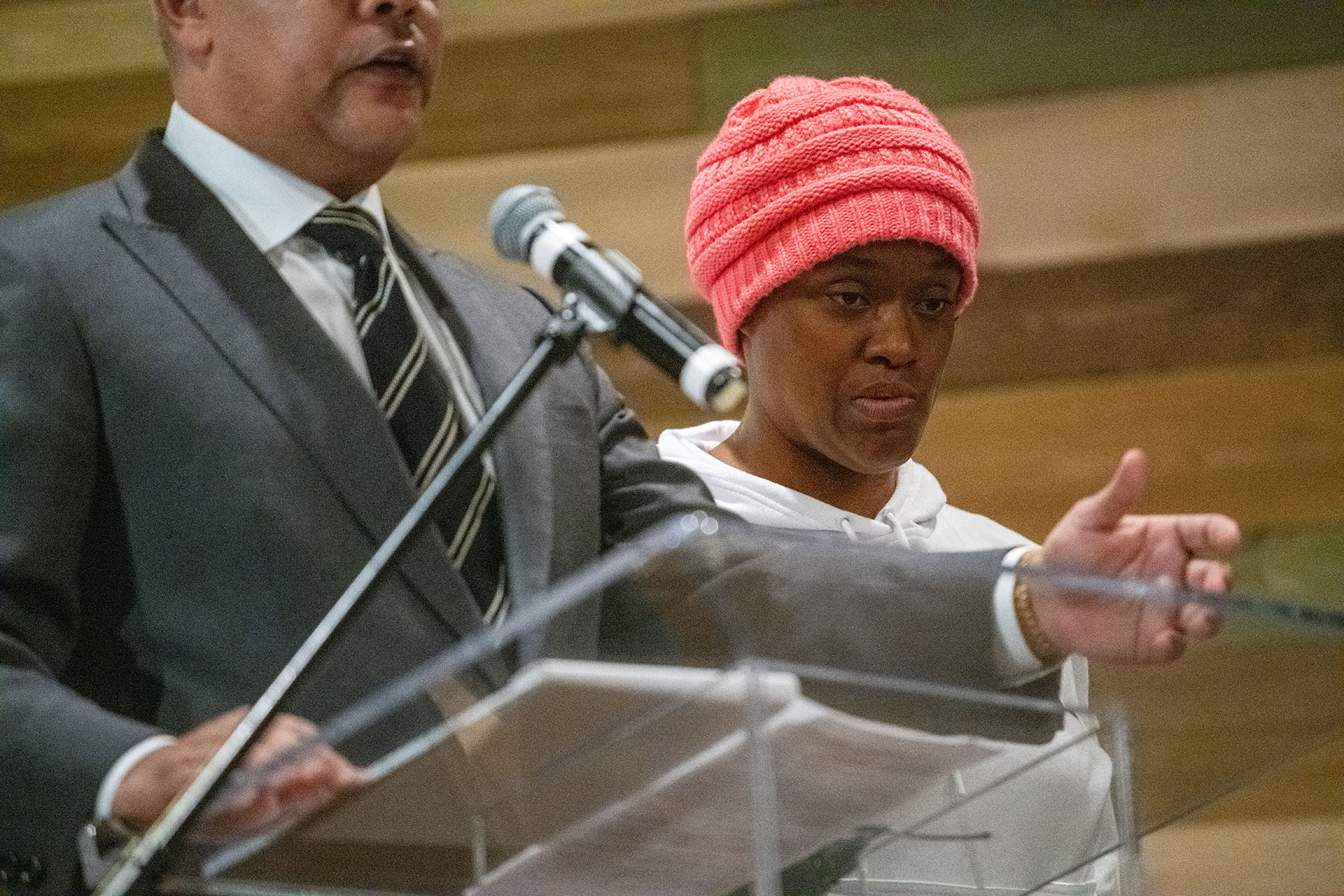 MARIETTA, Ga. -- From left, Attorney Timothy Gardner speaks for his client Tiffany Wingo at a town hall meeting to discuss the conditions at the Cobb County Detention Center Monday, Dec. 9, 2019 at Life Church in Marietta, Ga. Wingo’s brother, Kevil, died in the hospital after experiencing an unspecified medical emergency at the jail, which is still under investigation. PHOTO BY ELISSA BENZIE
