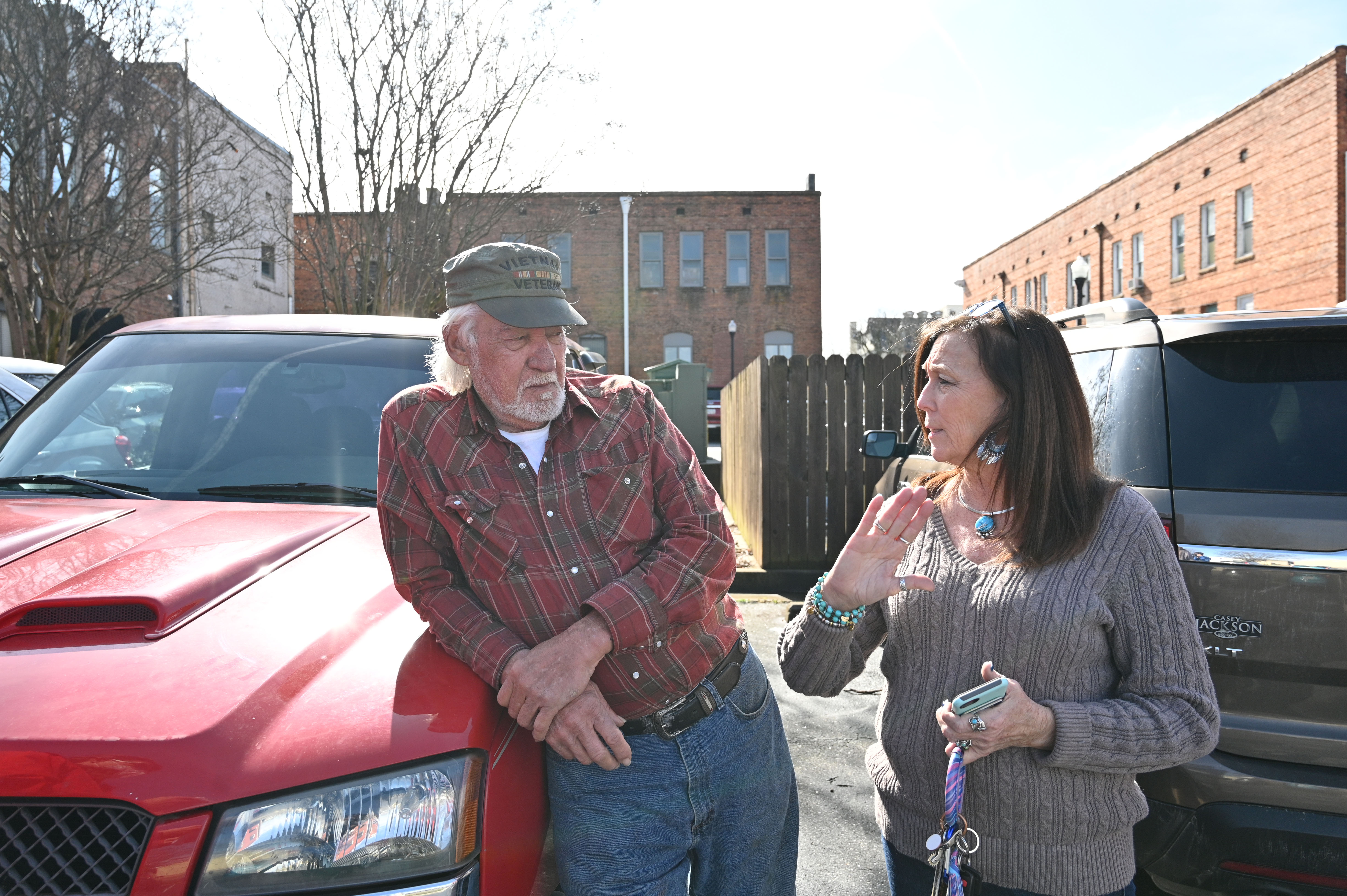 Joe Scarborough and his girl friend Sheila Hill share their thoughts on school employee prioritized for COVID vaccination in downtown Elberton on Wednesday, January 27, 2021. (Hyosub Shin / Hyosub.Shin@ajc.com)