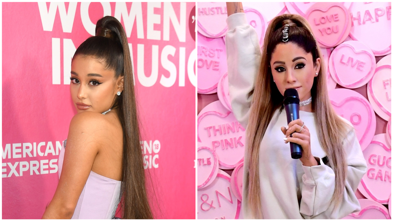 Ariana Grande at Billboard Women In Music 2018 in New York (left) and the Ariana Grande wax figure at Madame Tussauds London.