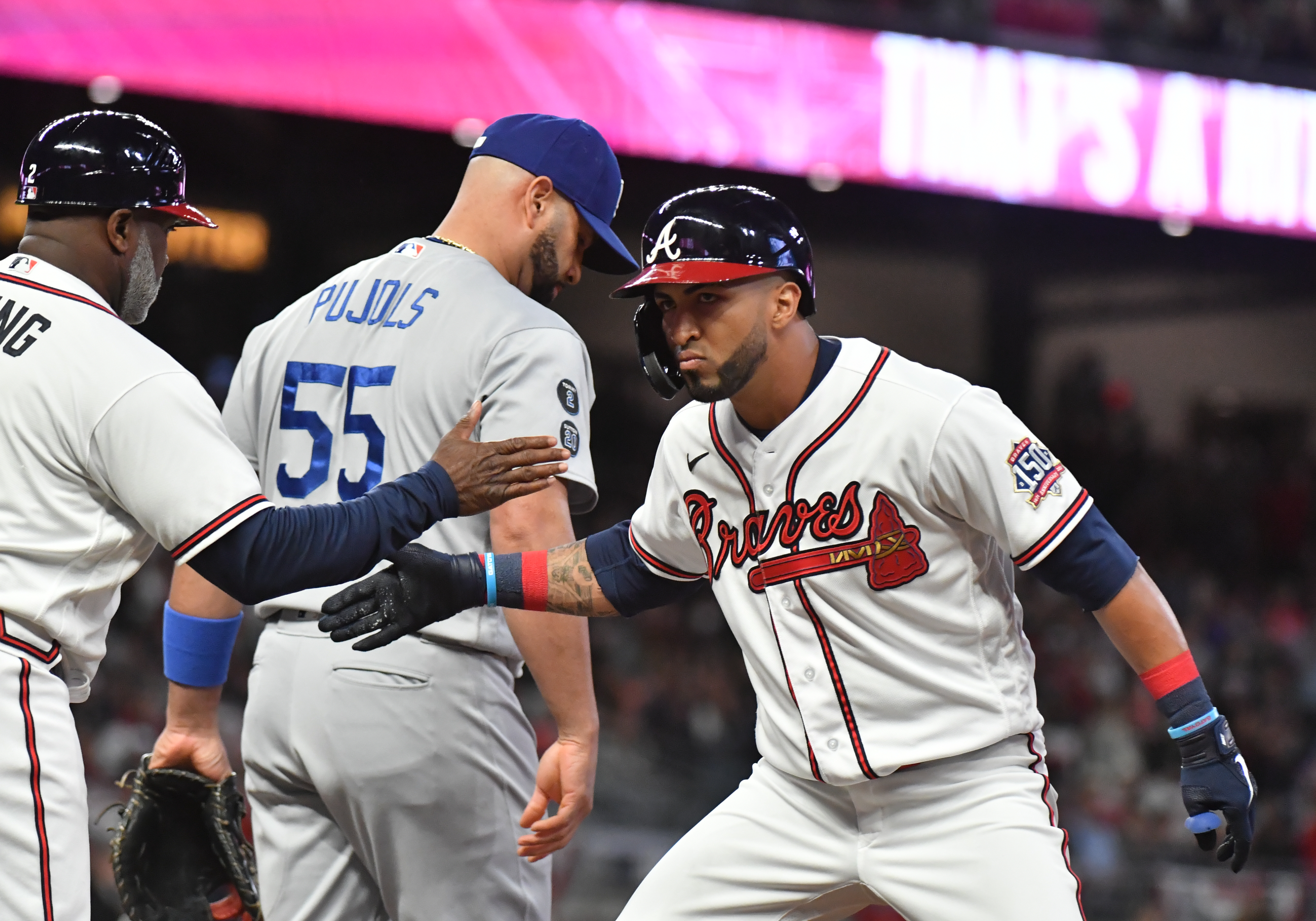 Atlanta, United States. 17th Oct, 2021. Atlanta Braves' Austin Riley hits a  walk off RBI single that scores teammate Ozzie Albies for a 3-2 win over  the Los Angeles Dodgers during the