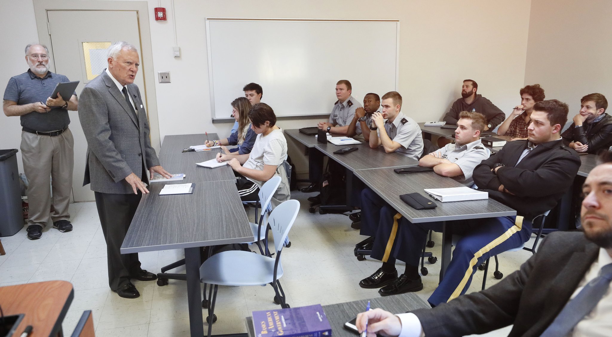 Former Gov. Nathan Deal lectures a class called "Road to Congress" at the University of North Georgia on Oct. 17, 2019. The state's Board of Regents approved a proposal earlier this year to make the governor a professor teaching law and politics.