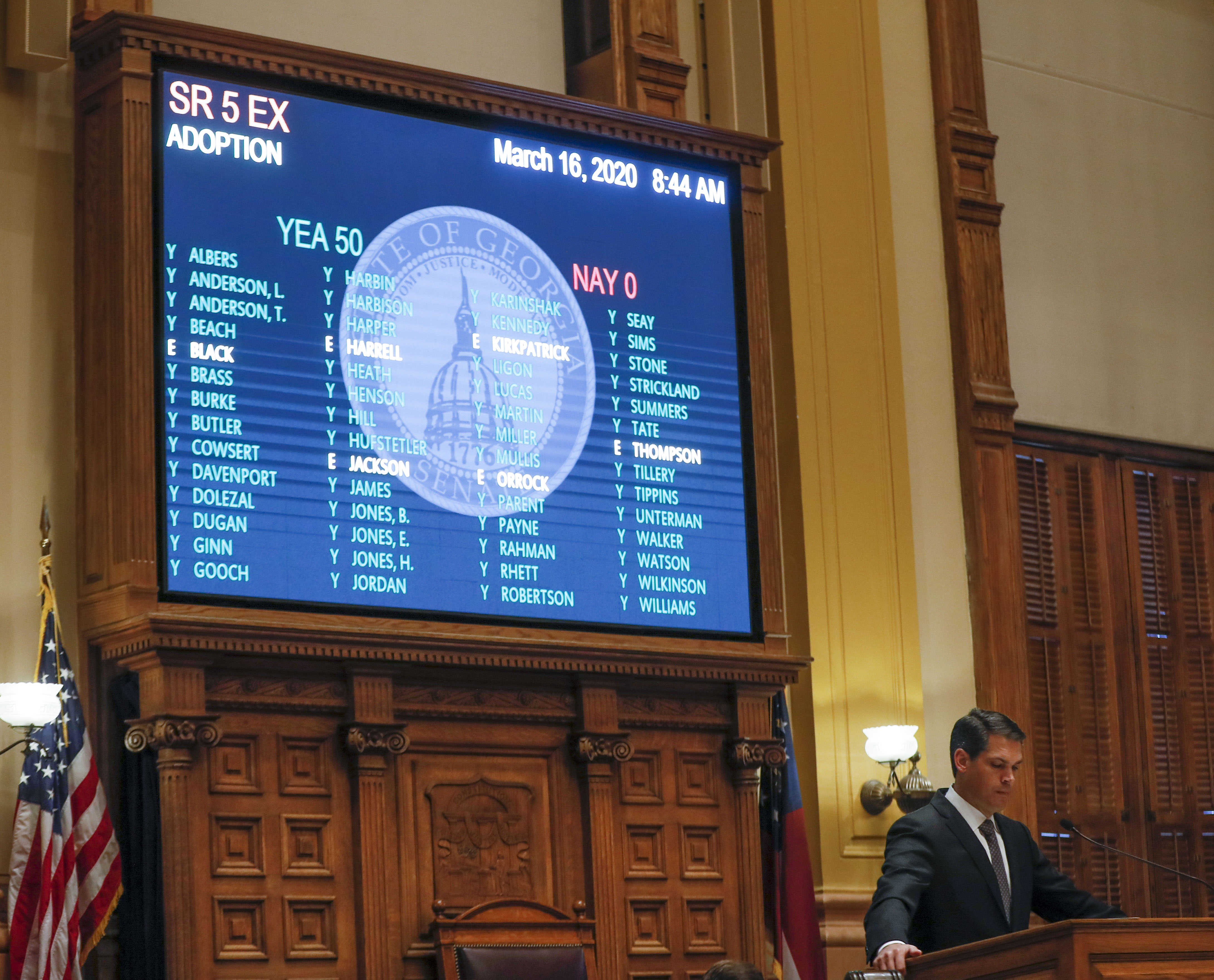 March 16, 2020 - Atlanta - The resolution passes in the senate. Georgia lawmakers gathered in an extraordinary special session on Monday and voted to grant Gov. Brian Kemp sweeping new powers to respond to the coronavirus pandemic. It's the first time in state history a governor has declared a public health emergency, and Kemp cast it as essential to deploy all available resources to contain a disease that's sickened dozens of Georgians and has killed one. Bob Andres / robert.andres@ajc.com