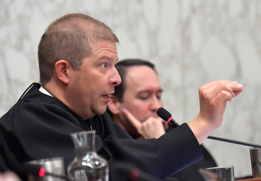 Justice Nels Peterson asks question during recent arguments before the Georgia Supreme Court.