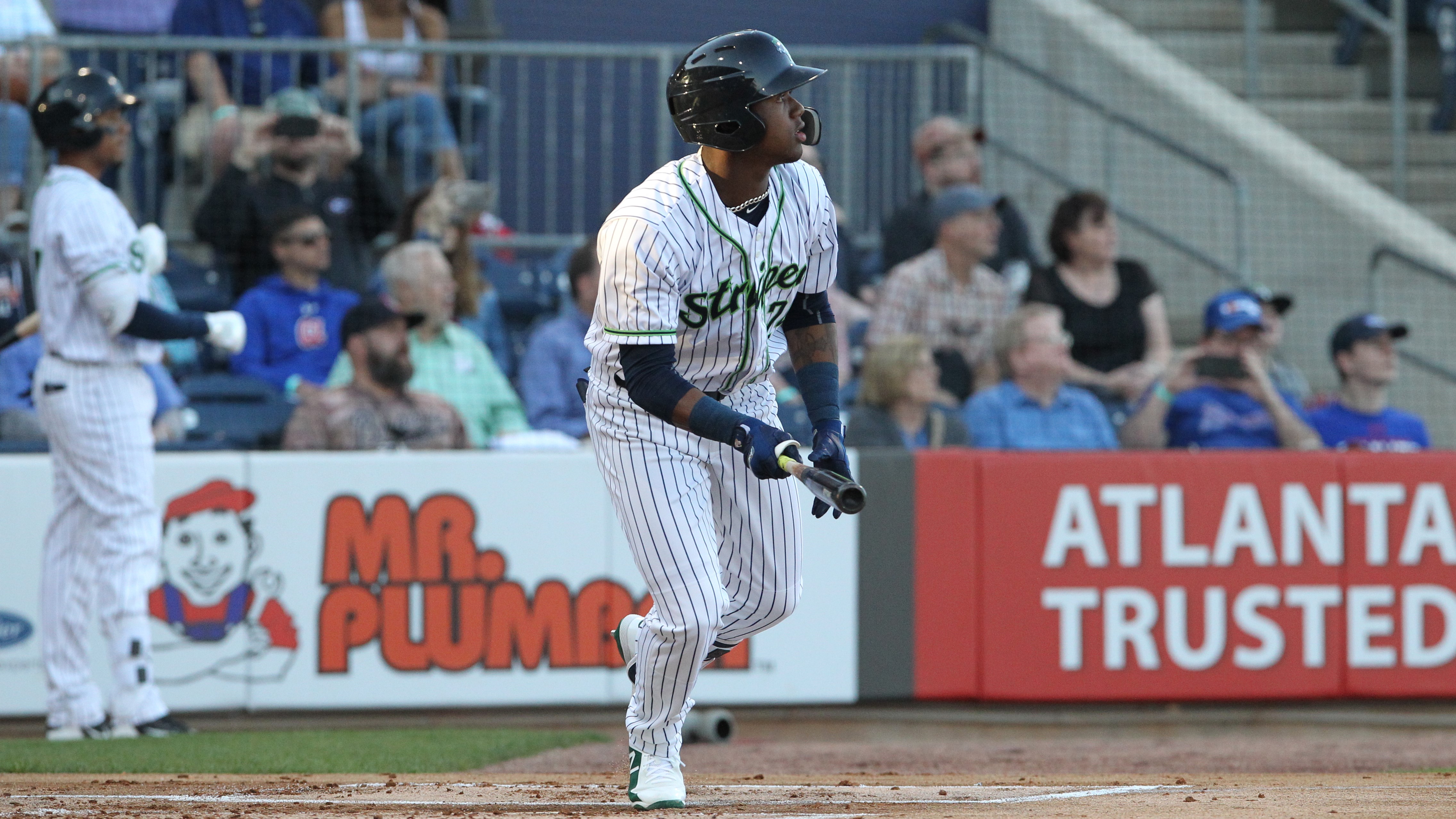 LAWRENCEVILLE, GA - APRIL 27: Atlanta Braves right fielder Ronald Acuna,  Jr. makes a rehab start for the Gwinnett Stripers as they play the Norfolk  Tides on April 27, 2022 at Coolray