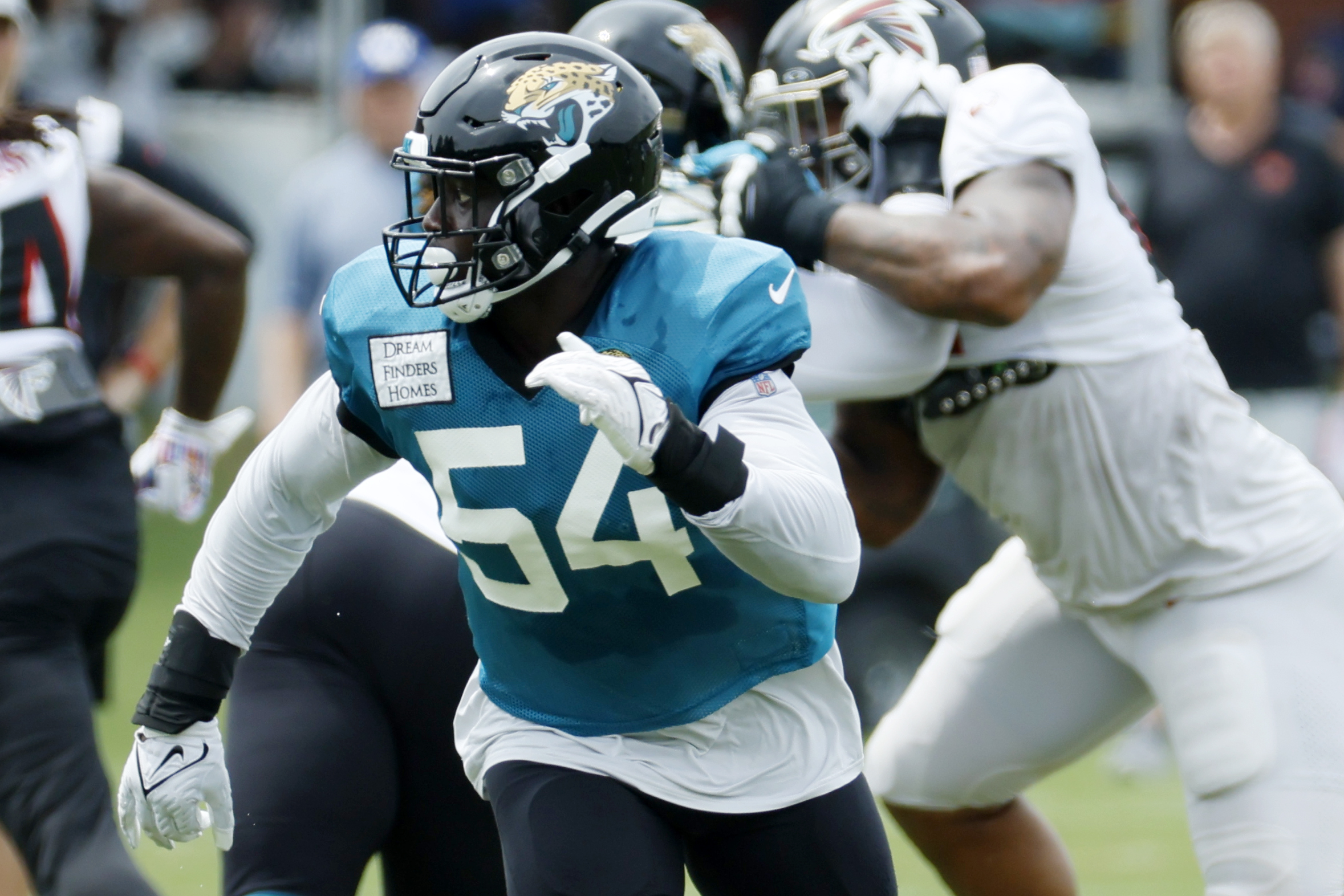 Atlanta Falcons linebacker Nathan Landman (55) lines up during the second  half of an NFL football game against the Jacksonville Jaguars, Saturday,  Aug. 27, 2022, in Atlanta. The Atlanta Falcons won 28-12. (