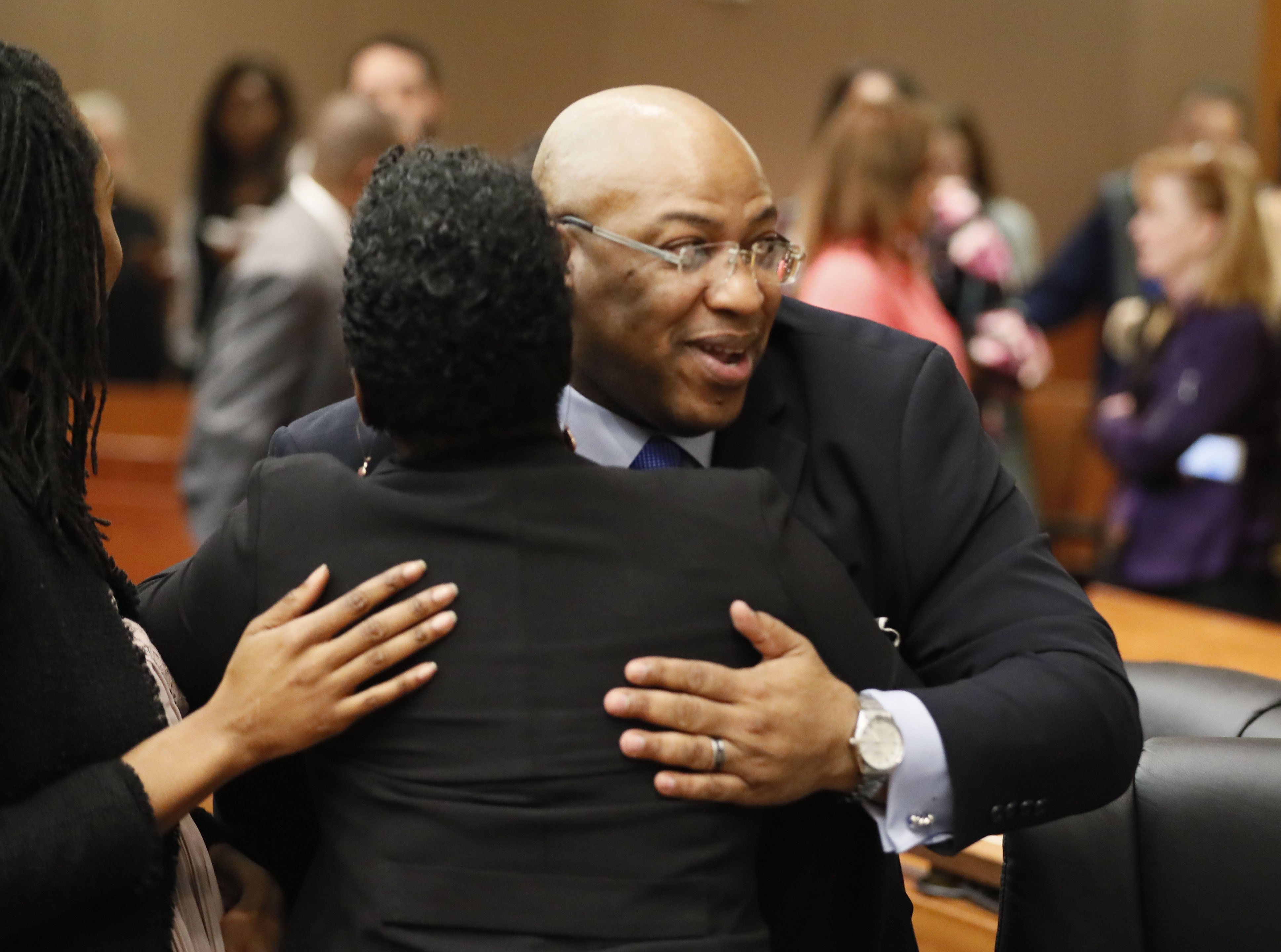 4/23/18 - Atlanta - Chief Assistant District Attorney Clint Rucker is congratulated after the verdict. The jury found Tex McIver guilty on four of five charges on their fifth day of deliberations today at the Tex McIver murder trial at the Fulton County Courthouse. Bob Andres bandres@ajc.com