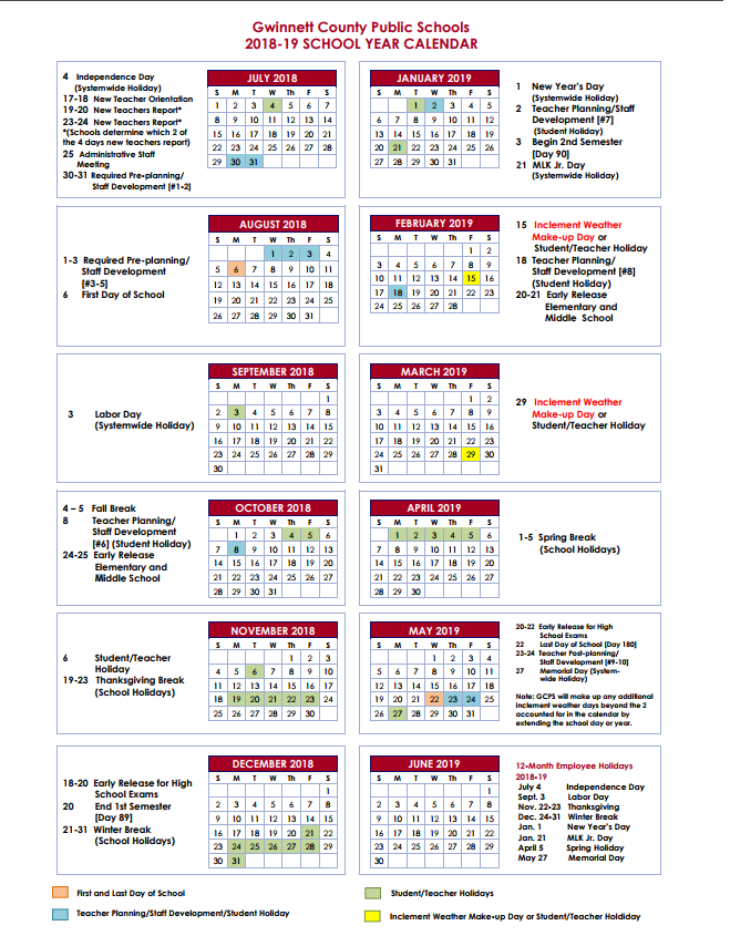 Gwinnett County School calendar 2018 2019