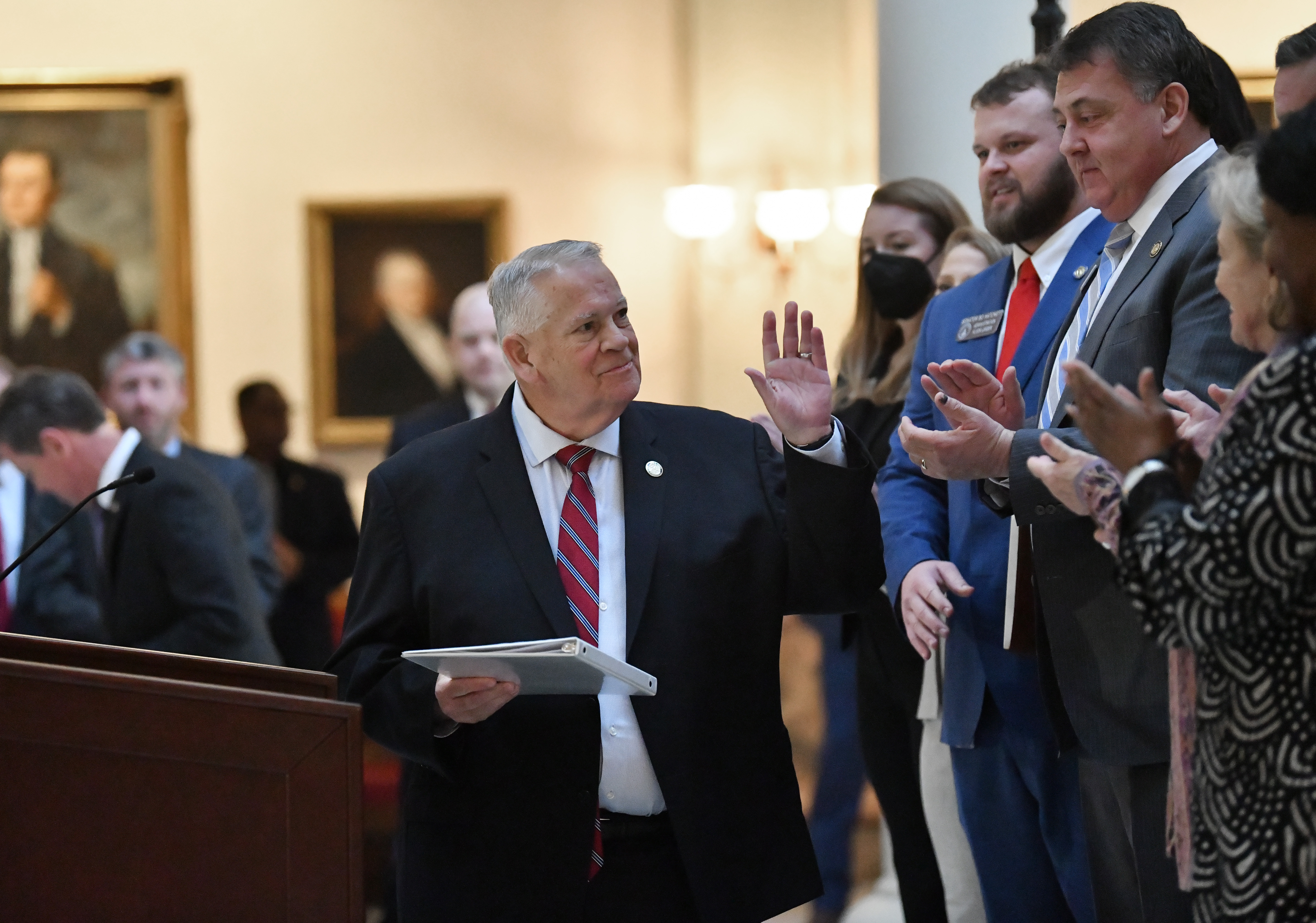 House Speaker David Ralston greets as he walks to the podium to speak during a press conference Tuesday to announce plans to spend millions of dollars on expanding internet throughout Georgia, especially in rural areas that lack access. (Hyosub Shin / Hyosub.Shin@ajc.com)