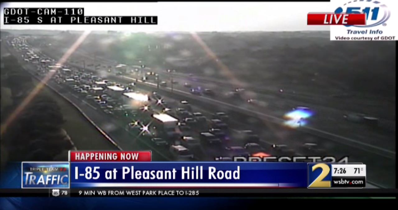 There were “parking lot conditions” on I-85 South at Pleasant Hill Road. (Credit: Channel 2 Action News)