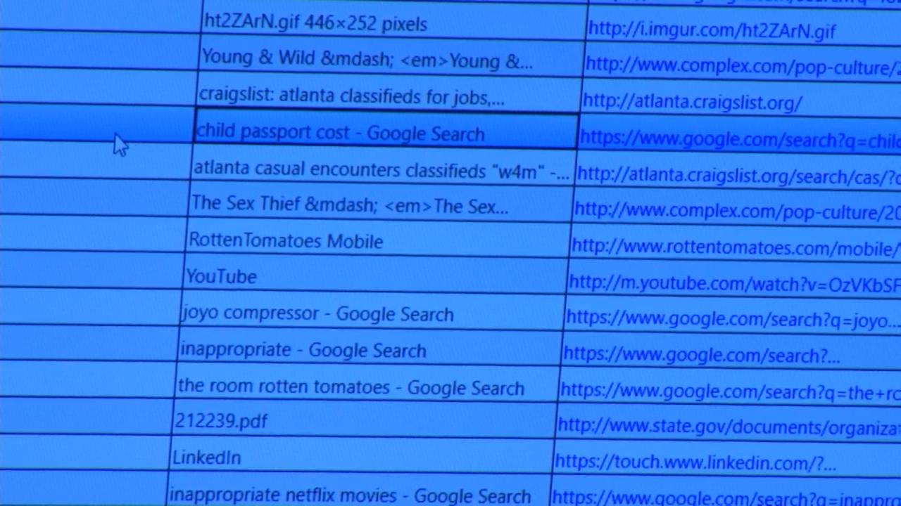 Defense lawyers show jurors a partial web browser history during the murder trial of Justin Ross Harris at the Glynn County Courthouse in Brunswick, Ga., on Wednesday, Oct. 19, 2016. Harris' lawyers said that Harris searched child passport photos on the morning of Cooper's death because he was planning a vacation. Lawyers would return to this web browser history the next day as their cross examination continued. (screen capture via WSB-TV)