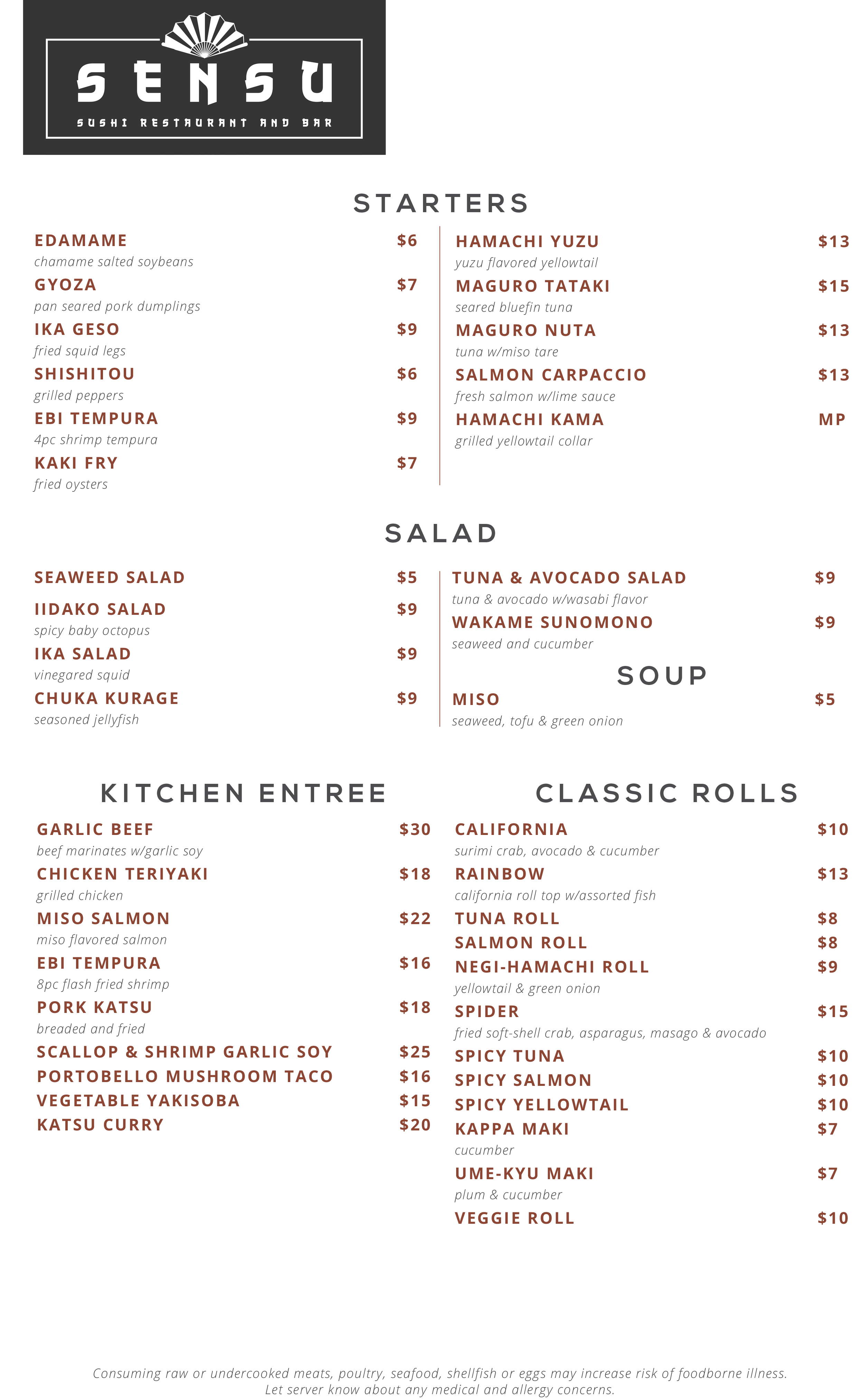 The menu of Sensu Sushi Restaurant & Bar.