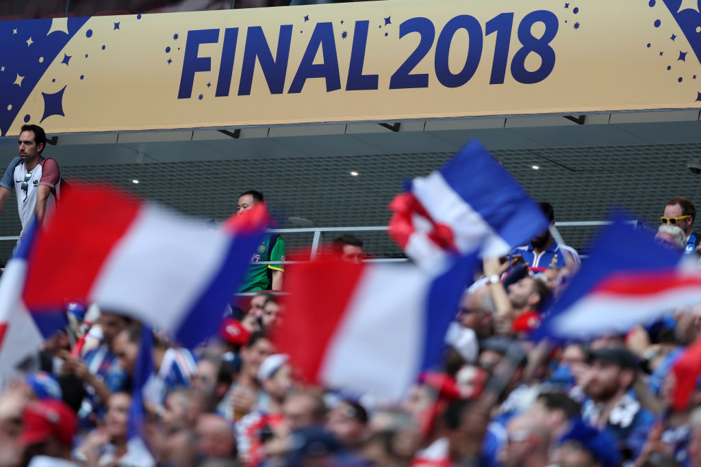 MOSCOW, RUSSIA - JULY 15: France fans enjoy the pre match atmosphere prior to the 2018 FIFA World Cup Final between France and Croatia at Luzhniki Stadium on July 15, 2018 in Moscow, Russia. (Photo by Clive Rose/Getty Images)
