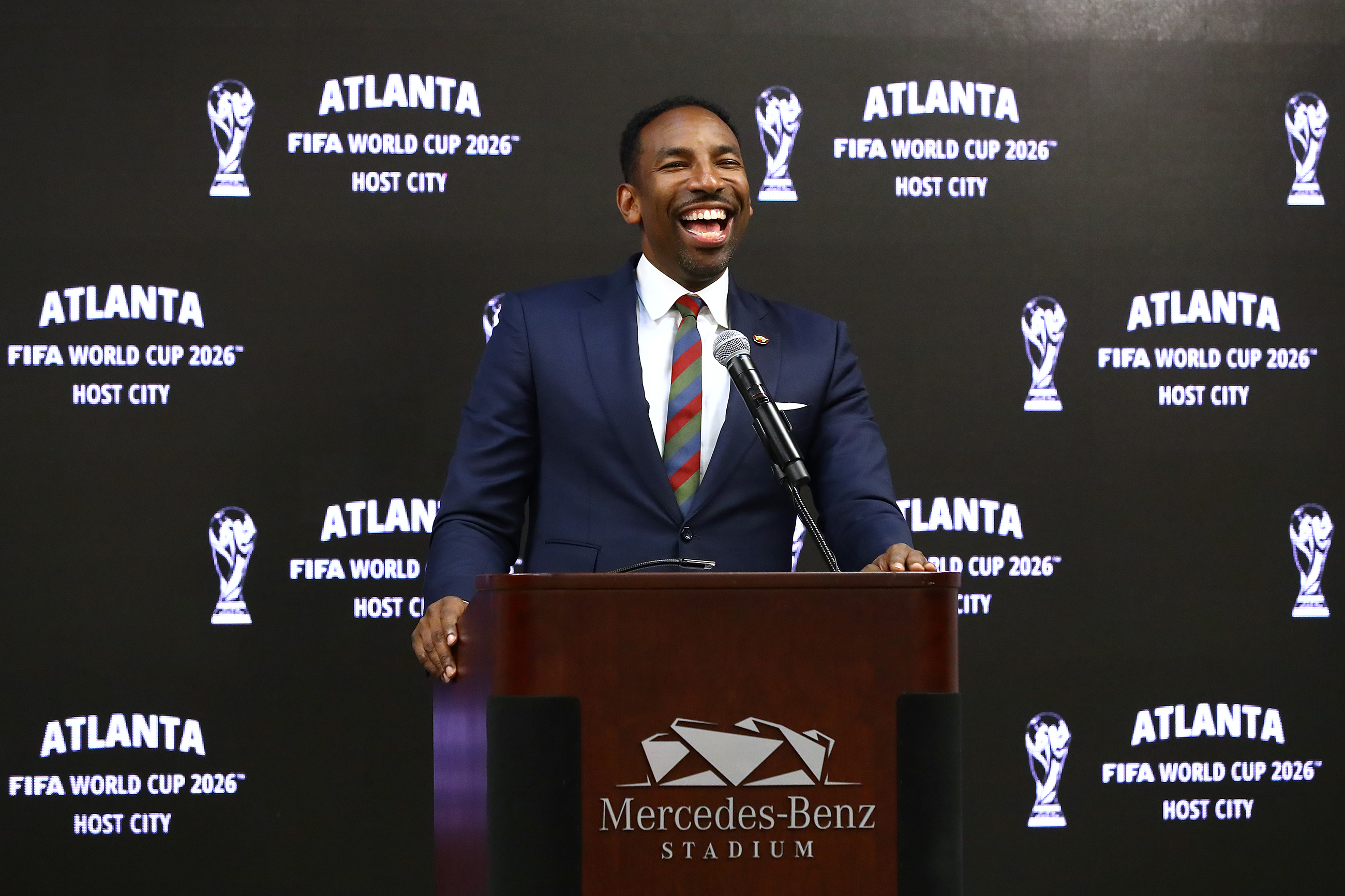 Atlanta Mayor Andre Dickens is all smiles during the Host City announcement press conference for the 2026 World Cup at Mercedes-Benz Stadium on Thursday, June 16, 2022. (Curtis Compton / Curtis.Compton@ajc.com)
