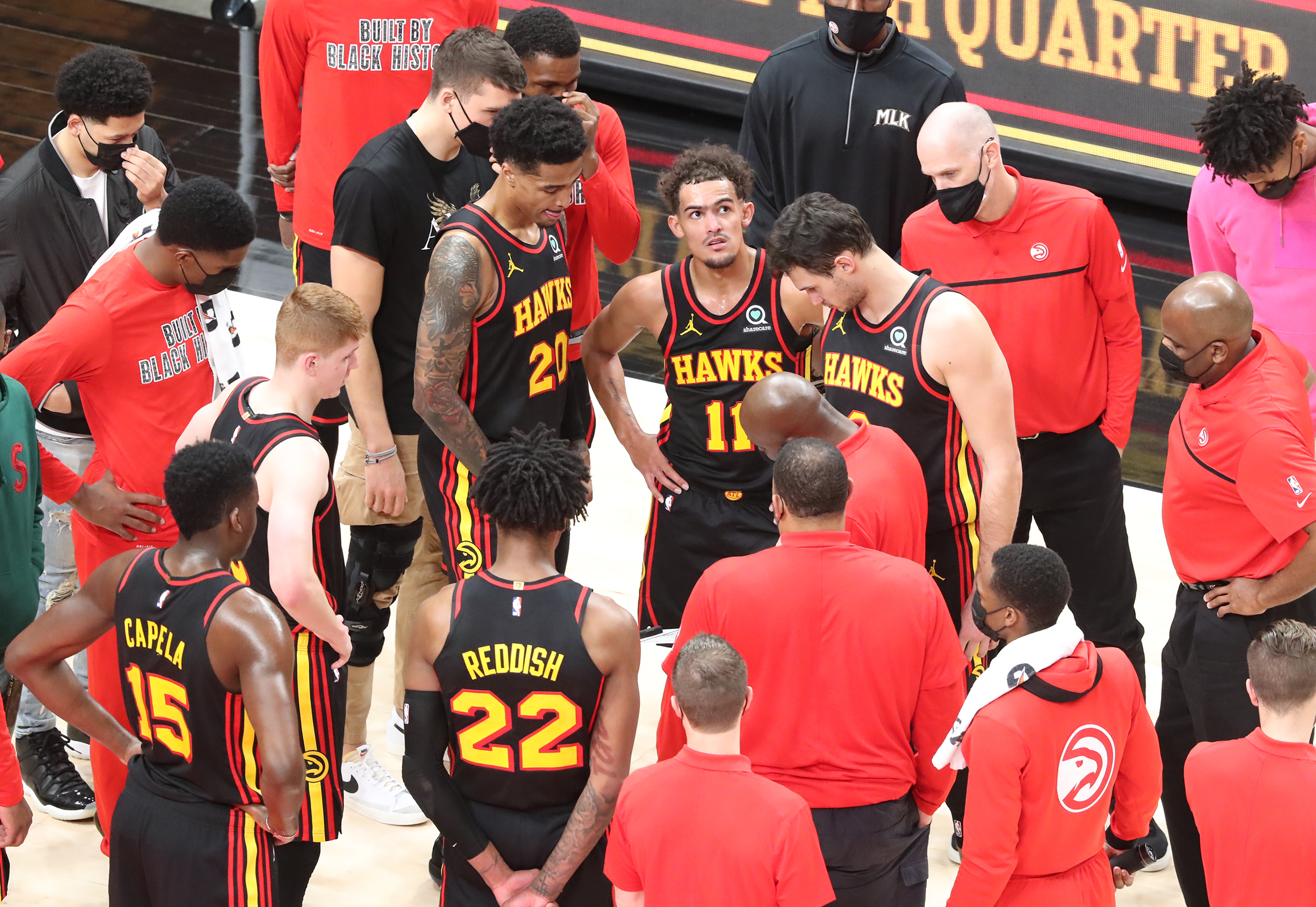 The Atlanta Hawks huddle up for a time out during the final minute of a 107-99 loss to the Los Angeles Lakers Monday, Feb.1, 2021, in Atlanta. Curtis Compton / Curtis.Compton@ajc.com”