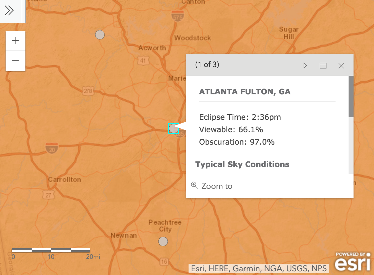 Screenshot of Atlanta cloudiness prediction from Interactive Eclipse Map developed by National Oceanic and Atmospheric Administration (NOAA).