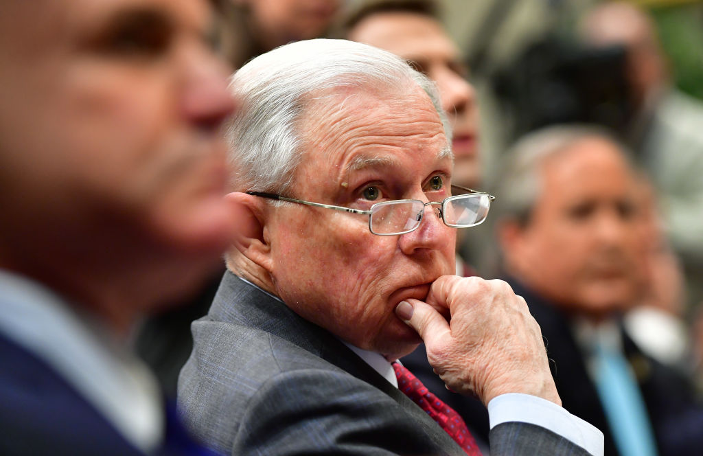 WASHINGTON, DC - MARCH 20: Attorney General Jeff Sessions attends a law enforcement roundtable on sanctuary cities held by President Donald Trump, in the Roosevelt Room at the White House on March 20, 2018 in Washington, D.C. (Photo by Kevin Dietsch-Pool/Getty Images)