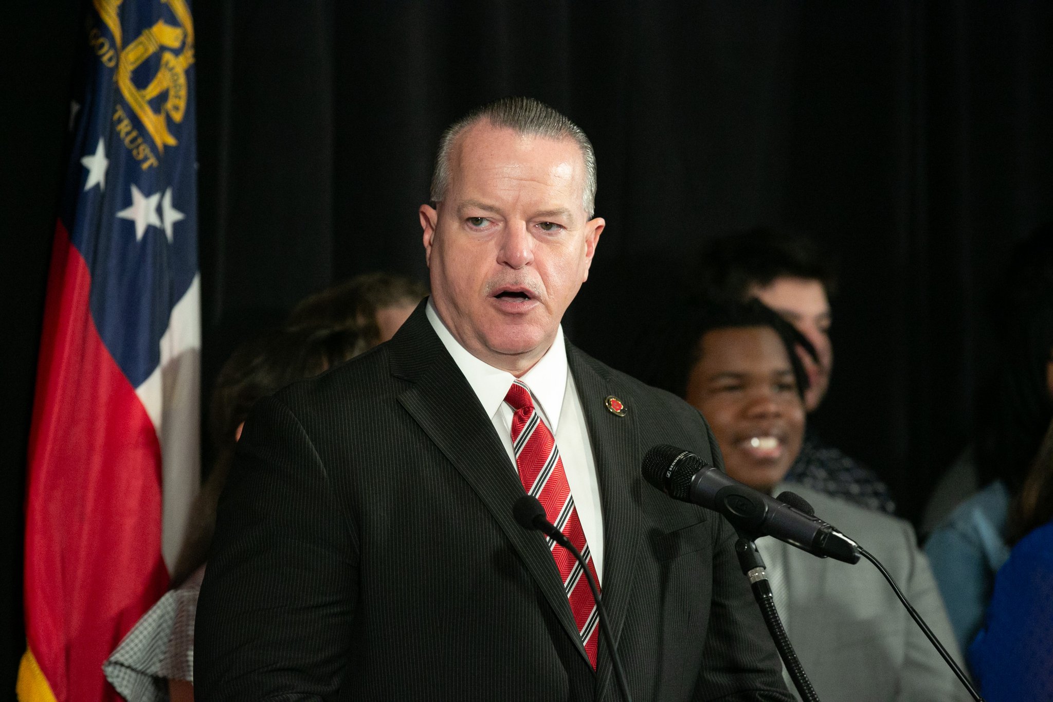 Cobb County School District Superintendent Chris Ragsdale speaks before a tour of McEachern High School in Powder Springs, Georgia, on Feb. 13, 2020. (Photo/Rebecca Wright for the AJC)