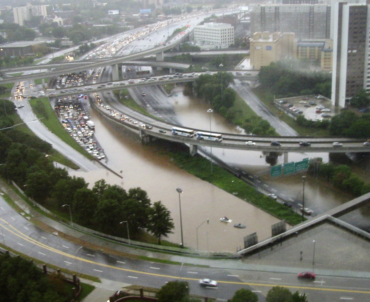 An overhead view looking South shows the flooded downtown connector just North of the International Boulevard/Ellis Street interchange. Glenn Dyke, Special