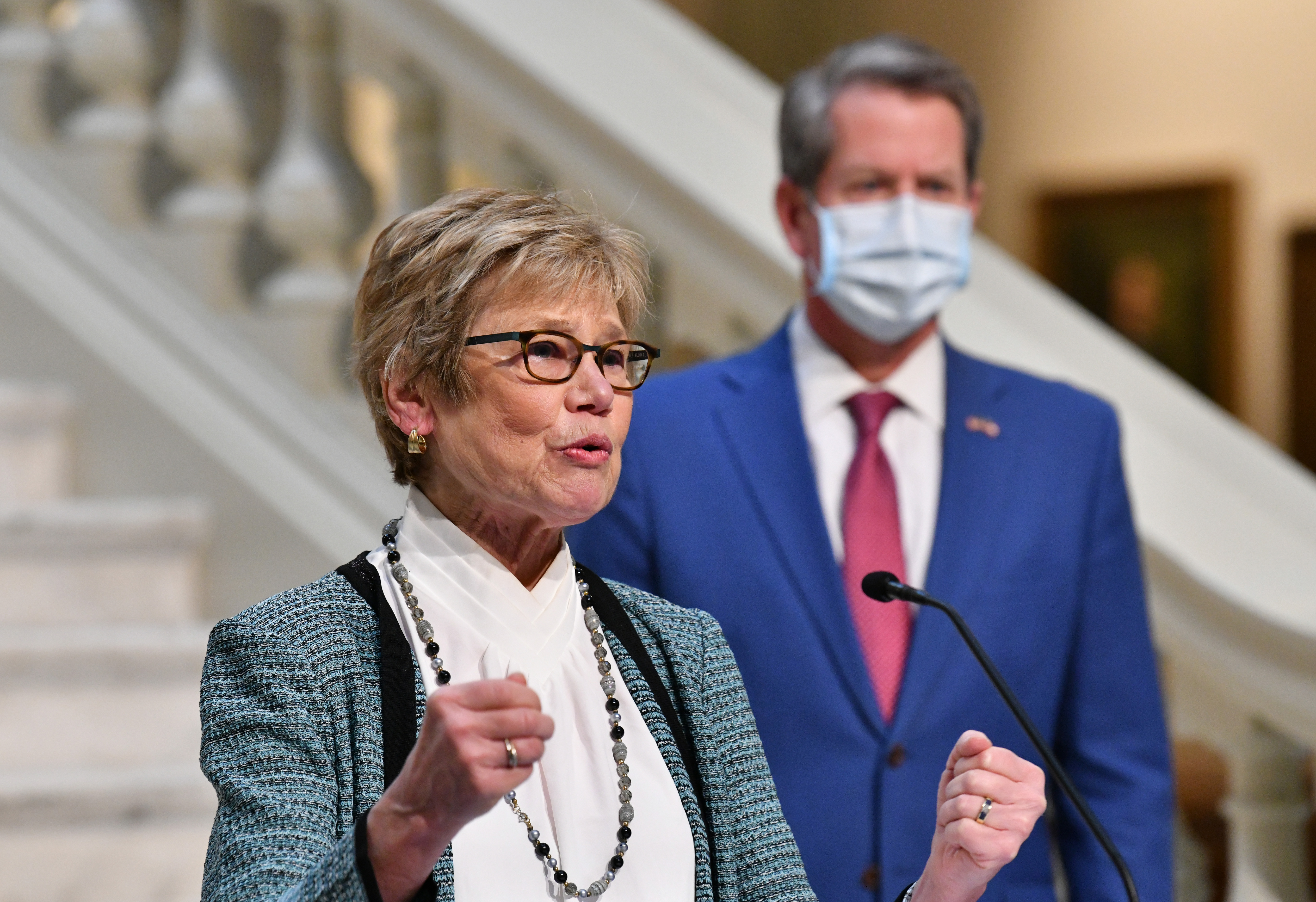 Dr. Kathleen Toomey, commissioner of the Georgia Department of Public Health, speaks at a press conference at the Capitol last month. The governor's aides often decided how and whether Toomey's department would share information on the pandemic. (Hyosub Shin / Hyosub.Shin@ajc.com)