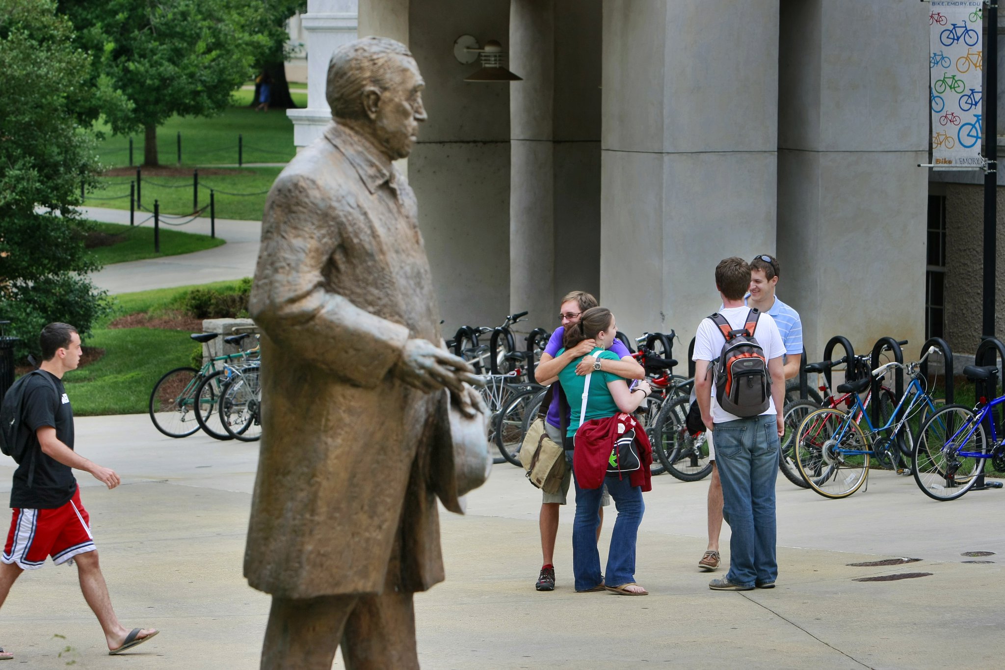 Emory University students outside the Robert W. Woodruff Library.