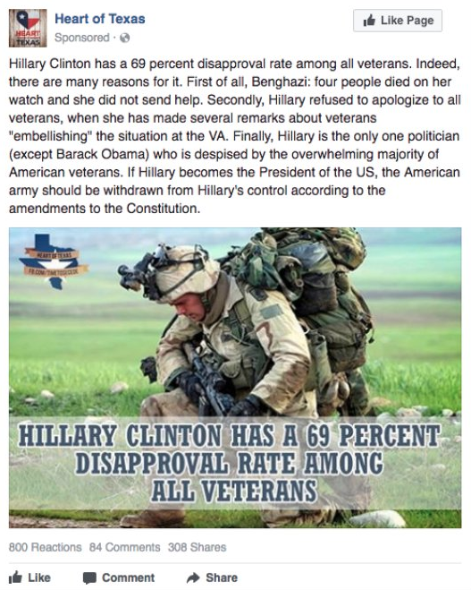 A Russian-made group called “Heart of Texas” targets veteran supporters and attacks Hillary Clinton.