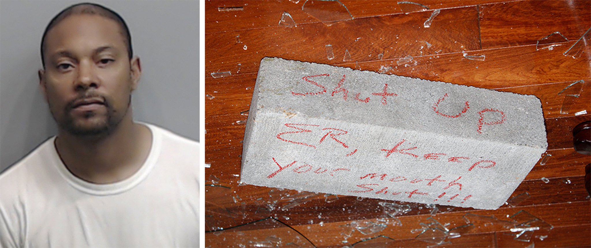 Left: a police mugshot of former city of Atlanta employee Shandarrick Barnes. Right: the infamous brick Barnes admitting to throwing in an alleged attempt to intimidate a key figure in the Atlanta City Hall bribery scandal. (HANDOUT)