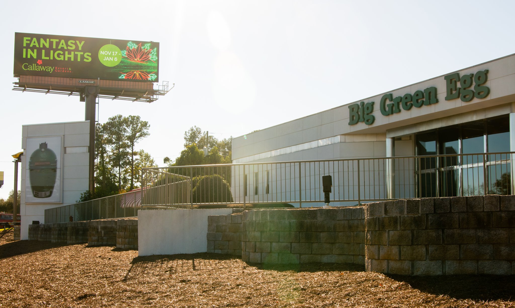 The headquarters building for Big Green Egg overlooks I-85 near Spaghetti Junction.